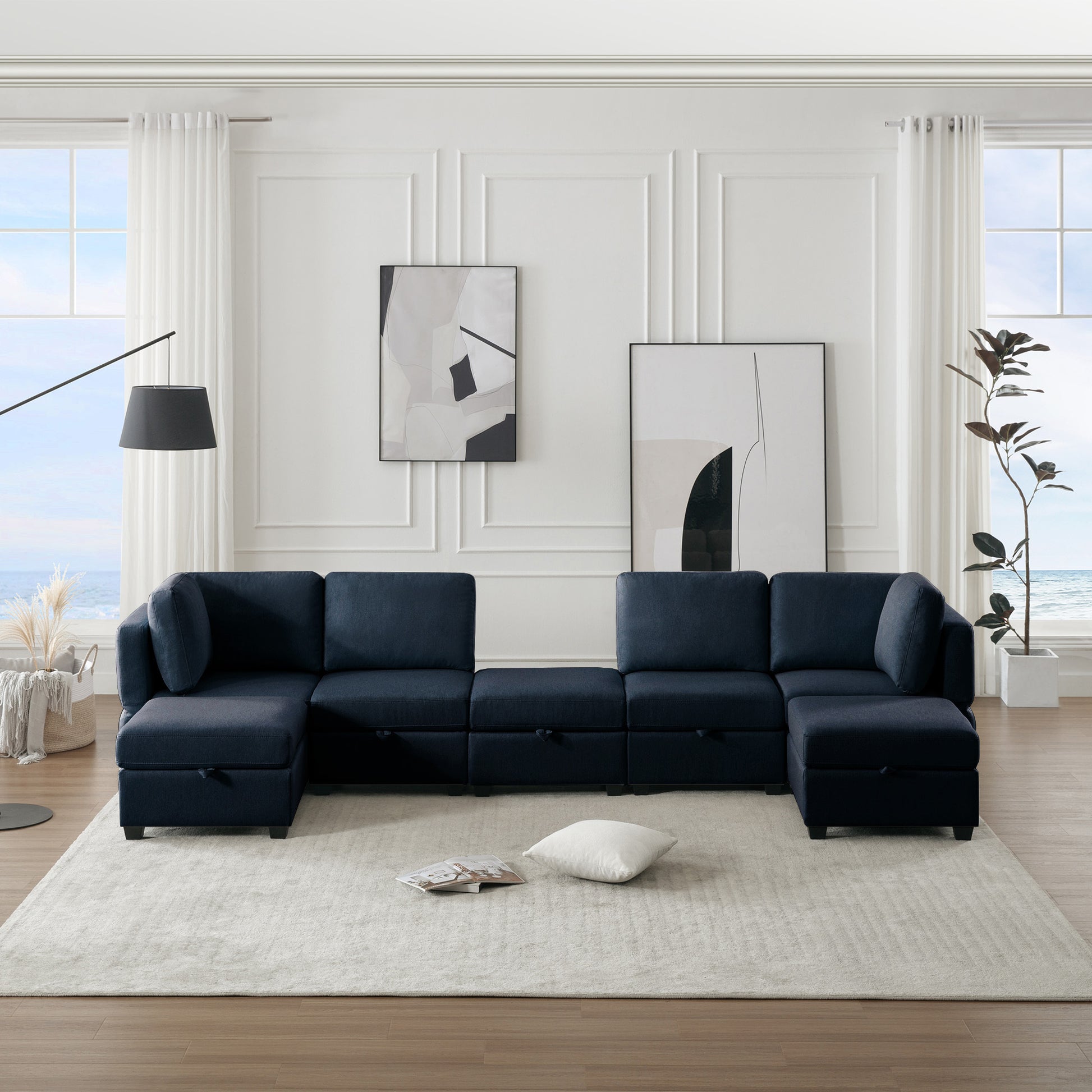 Modular Sectional Sofa U Shaped Sectional Couch With Ottoman, 7 Seat Modular Sofa With Chaise For Living Room, Adjustable Arms And Backs Blue Blue Polyester 4 Seat
