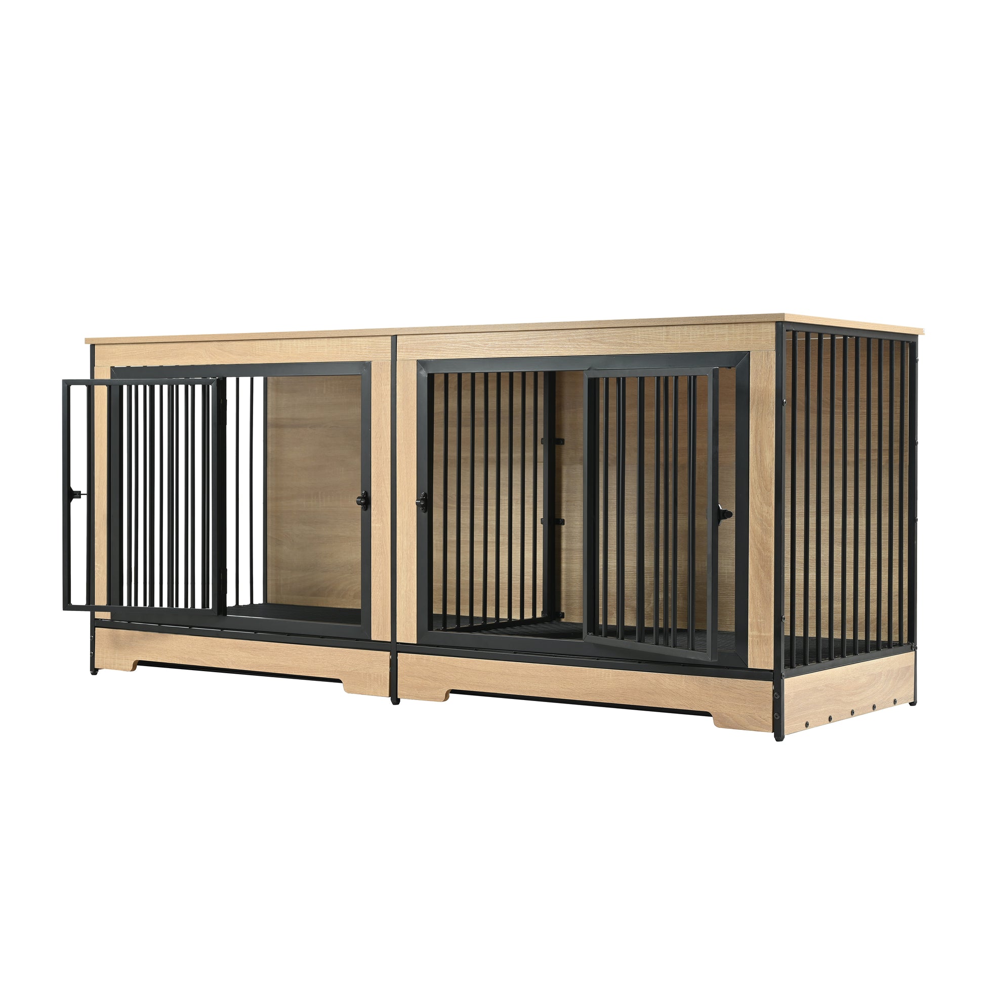 Dog Crate Furniture With Two Combined Room, Xl Large Double Dog Cage Furniture With Tray For Medium Large Dogs, Wooden Dog Kennel Furniture Black Natural Mdf Iron
