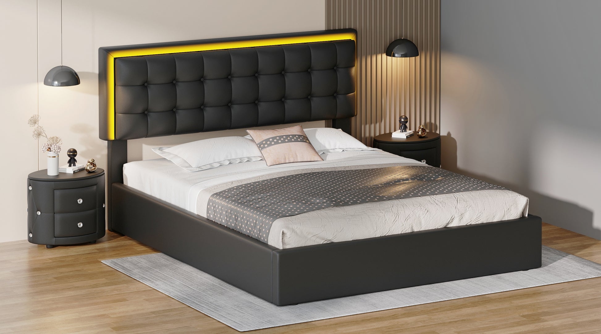 3 Pieces Bedroom Sets,Queen Size Upholstered Bed With Led Lights,Hydraulic Storage System, Two Nightstands With Crystal Decoration,Black Queen Black 3 Piece Set Wood