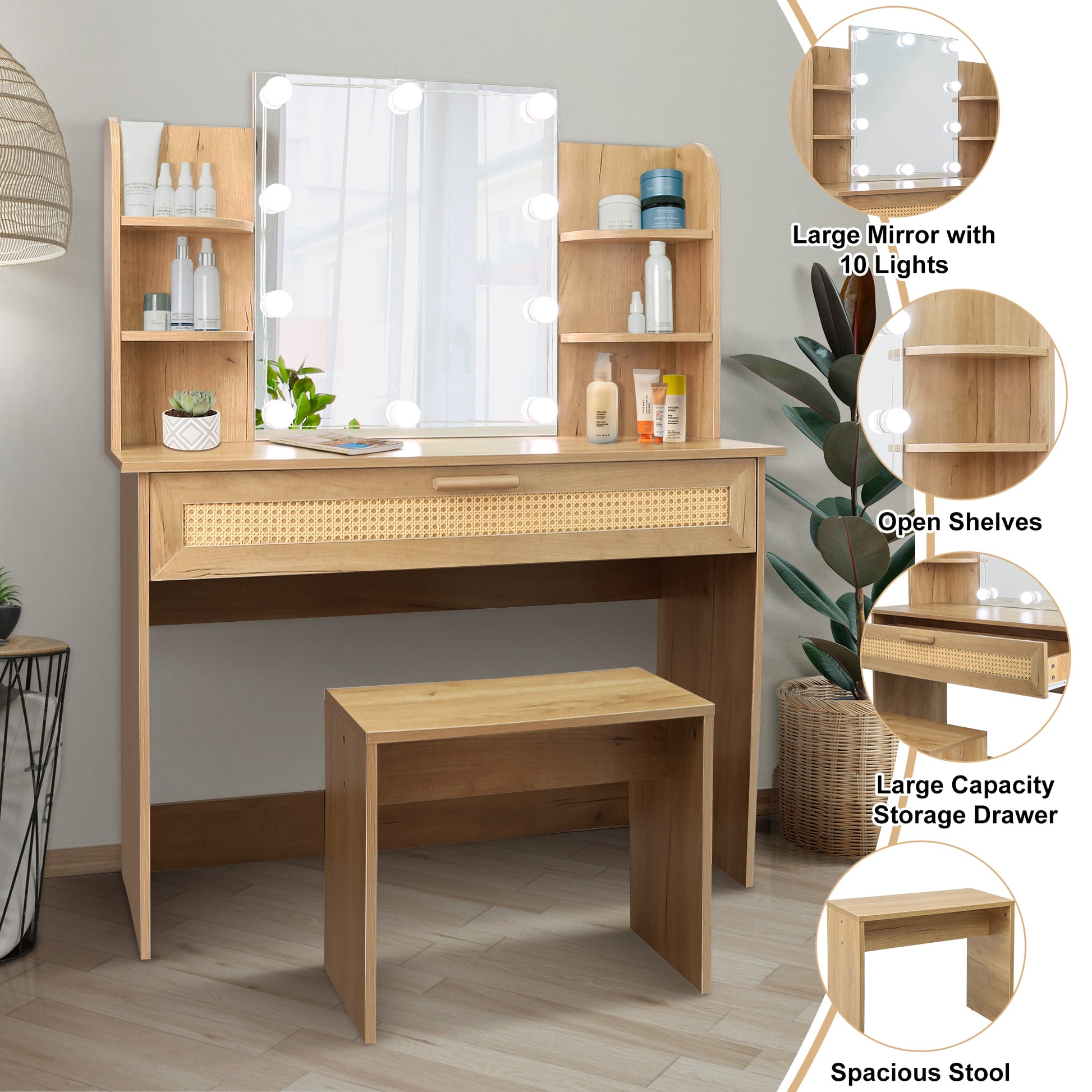 Vanity Desk Set Stool & Dressing Table With Led Lighting Mirror Drawer And Compartments Modern Wood Cosmetic Table Chest Of Drawers Nature Color Natural Wood Particle Board