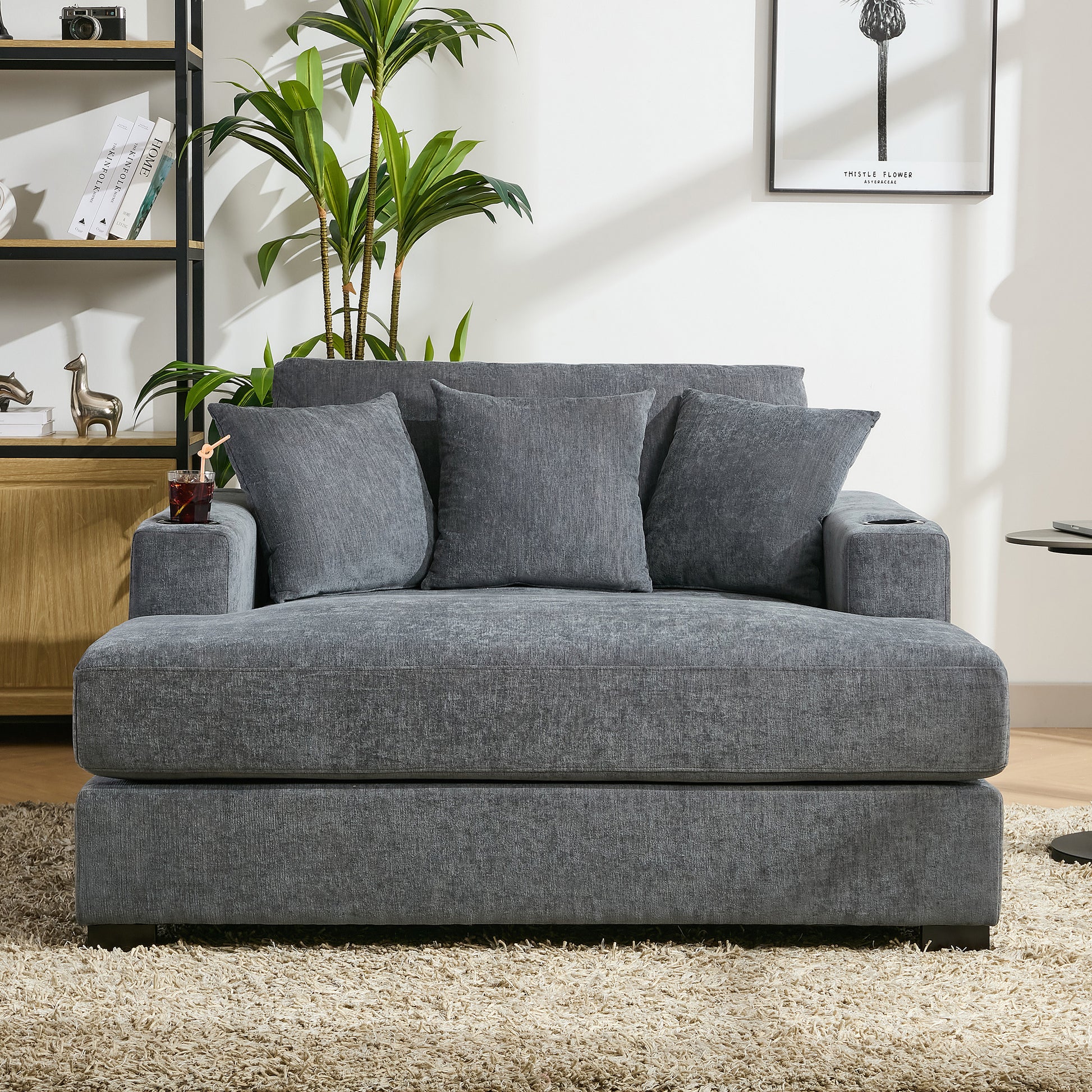 55" Oversized Chaise Lounger Modern Style Sofa Couch ,With Pillows, Charge Station & Cup Holders, Chenille Fabric, Blue Gray Blue Gray Chenille