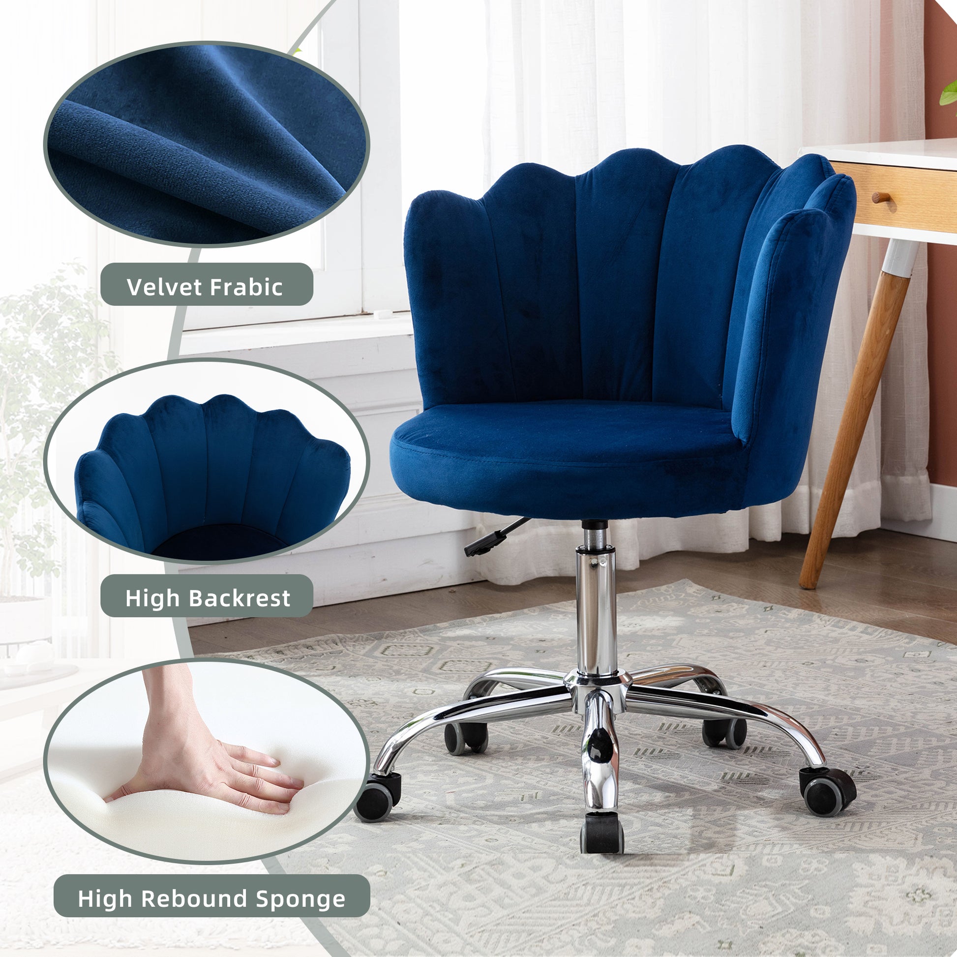 Coolmore Velvet Home Office Chair With Silver Base, Modern Cute Shell Back Upholstered Desk Chair For Vanity, Adjustable Swivel Task Chair For Office Navy Velvet Navy Foam Metal