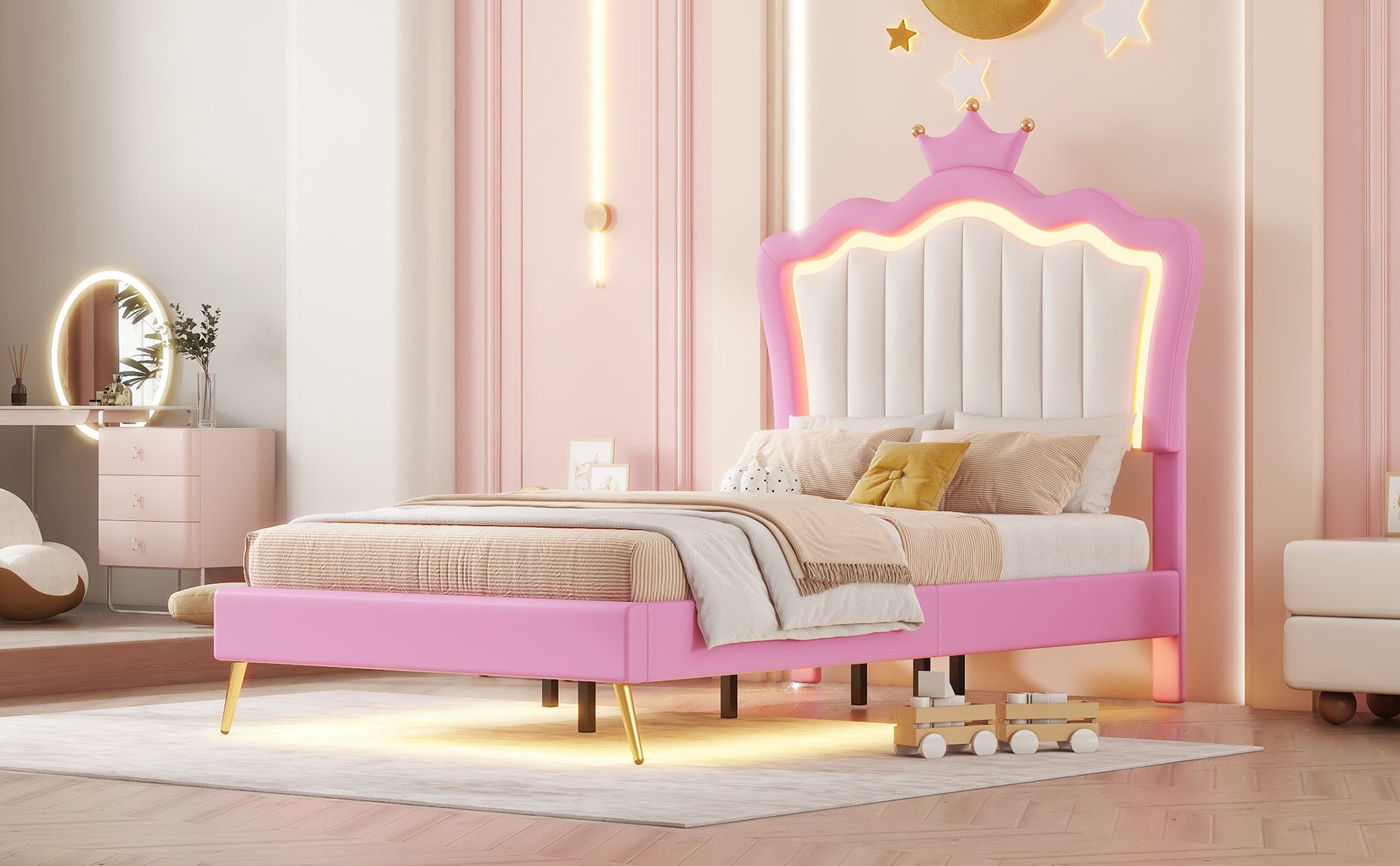 Twin Size Upholstered Bed Frame With Led Lights, Modern Upholstered Princess Bed With Crown Headboard, Pink White Box Spring Not Required Twin Pink White Wood Bedroom Modern Bed Frame Pu