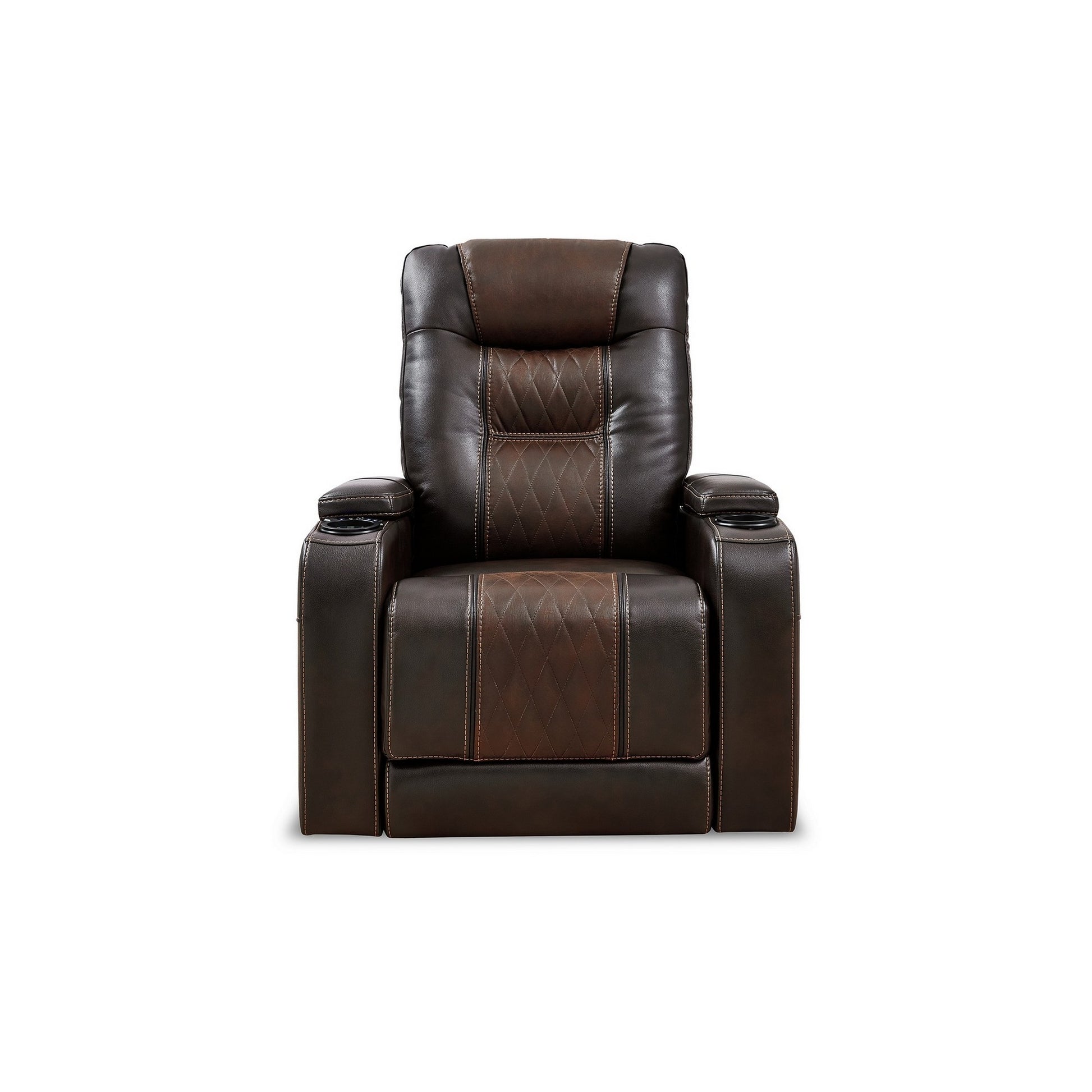 35 Inch Dual Power Recliner, Brown Vegan Faux Leather, Polyester, Usb Port Brown Fabric Metal