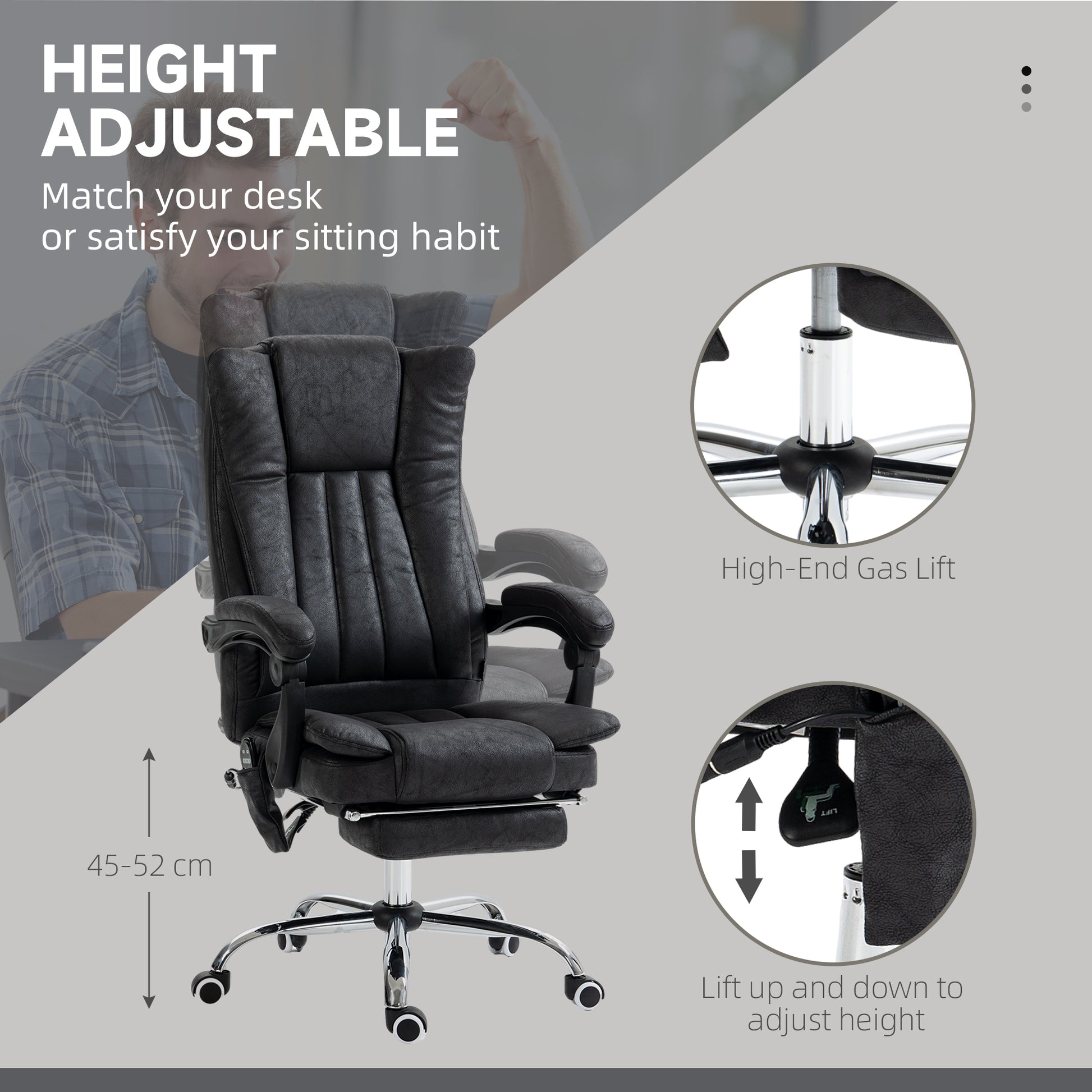 Vinsetto Microfiber Office Chair, High Back Computer Chair With 6 Point Massage, Heat, Adjustable Height And Retractable Footrest, Black Black Polyester