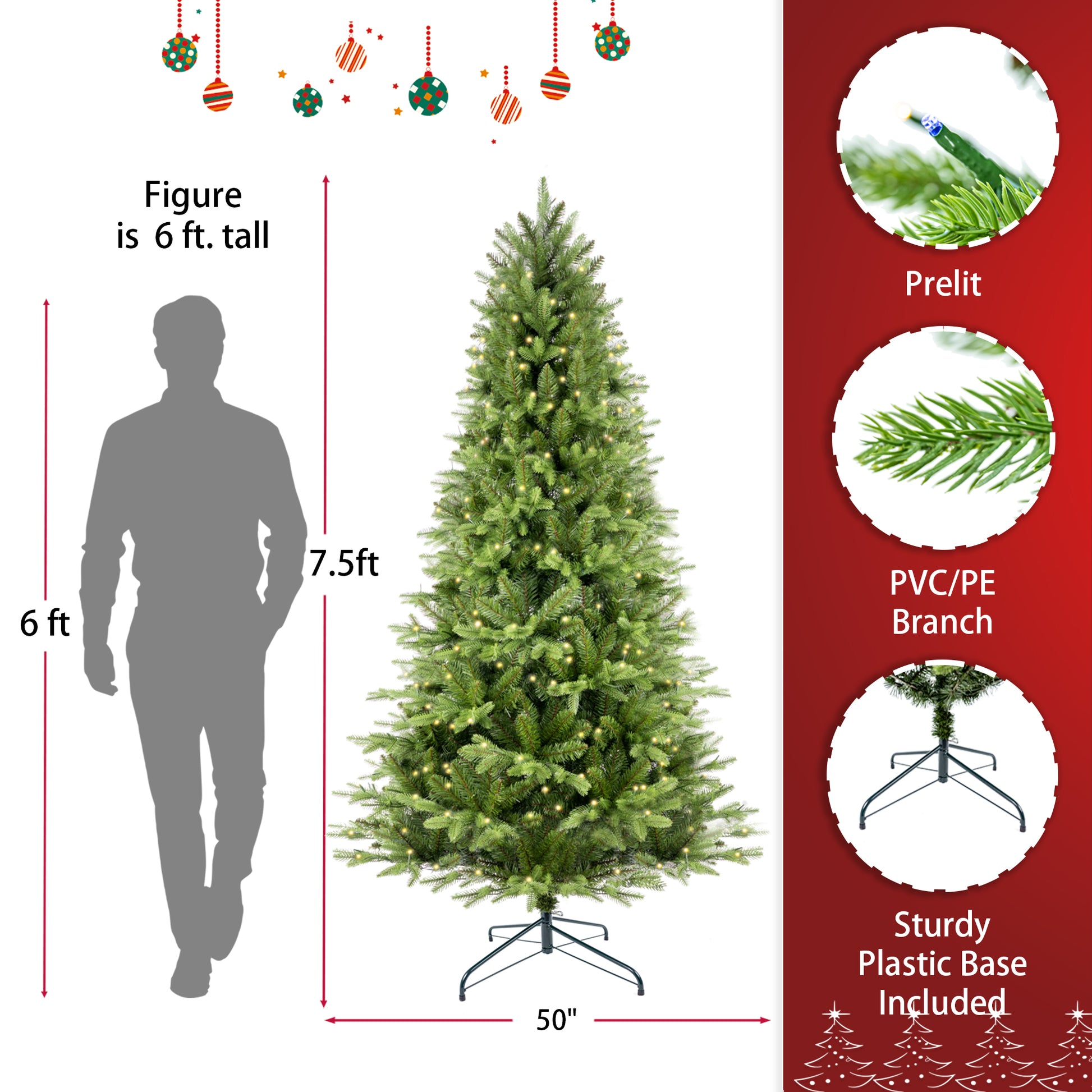 7.5Ft Artificial Christmas Tree Prelit Pe&Pvc With Metal Stand,550 Multi Colour Led Lights,2286 Branch Tips Green Everett Balsam Tree Easy Assembly For Indoor,Home 50 X 50 X 90 Inches Green Pvc