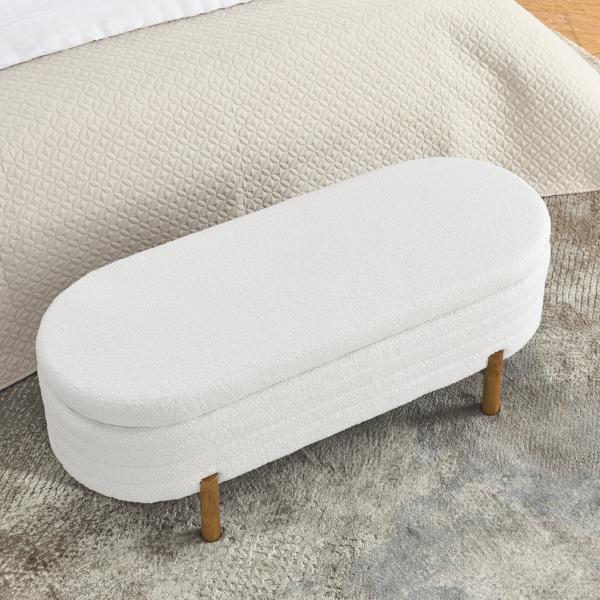 Ottoman Oval Storage Bench,Rubber Wood Leg,Beige 46."X17.7"X10.8" Beige Foam