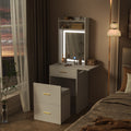 Small Vanity Desk With Mirror And Light, Dressing Table With Charging Station & Fold Up Panel For Small Space, Compact Makeup Vanity Set With Hidden Stool For Bedroom, White White Mdf,Tempered Glass
