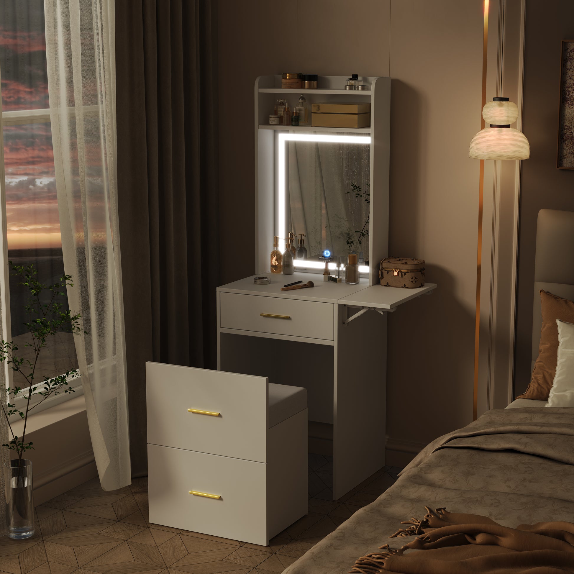 Small Vanity Desk With Mirror And Light, Dressing Table With Charging Station & Fold Up Panel For Small Space, Compact Makeup Vanity Set With Hidden Stool For Bedroom, White White Mdf,Tempered Glass