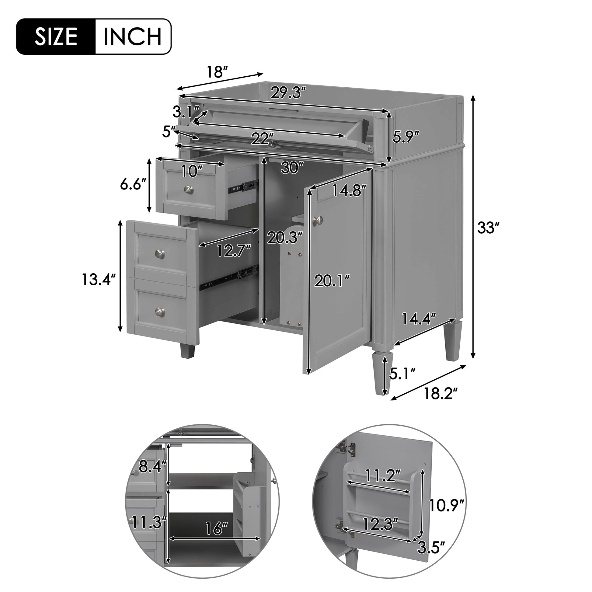 30'' Bathroom Vanity With Top Sink, Modern Bathroom Storage Cabinet With 2 Drawers And A Tip Out Drawer, Single Sink Bathroom Vanity Grey Bathroom Mdf
