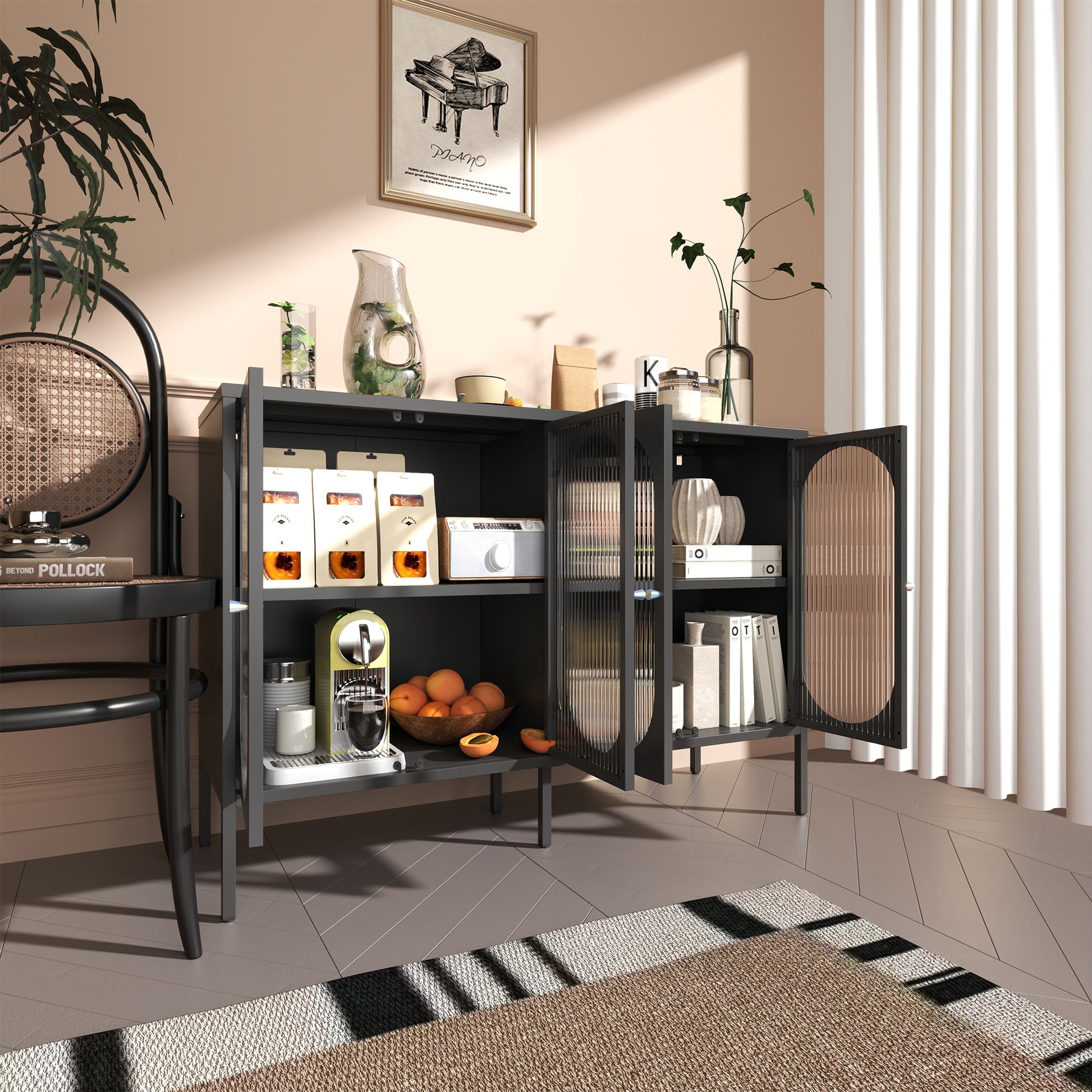 Metal Sideboard Cabinet With 4 Glass Door, Steel Locker Sideboard Buffet Cabinet, Sideboard Buffet Cabinet With 4 Doors, Kitchen Storage Cabinet, Coffee Bar Cabinet For Kitchen, Living Room, Black