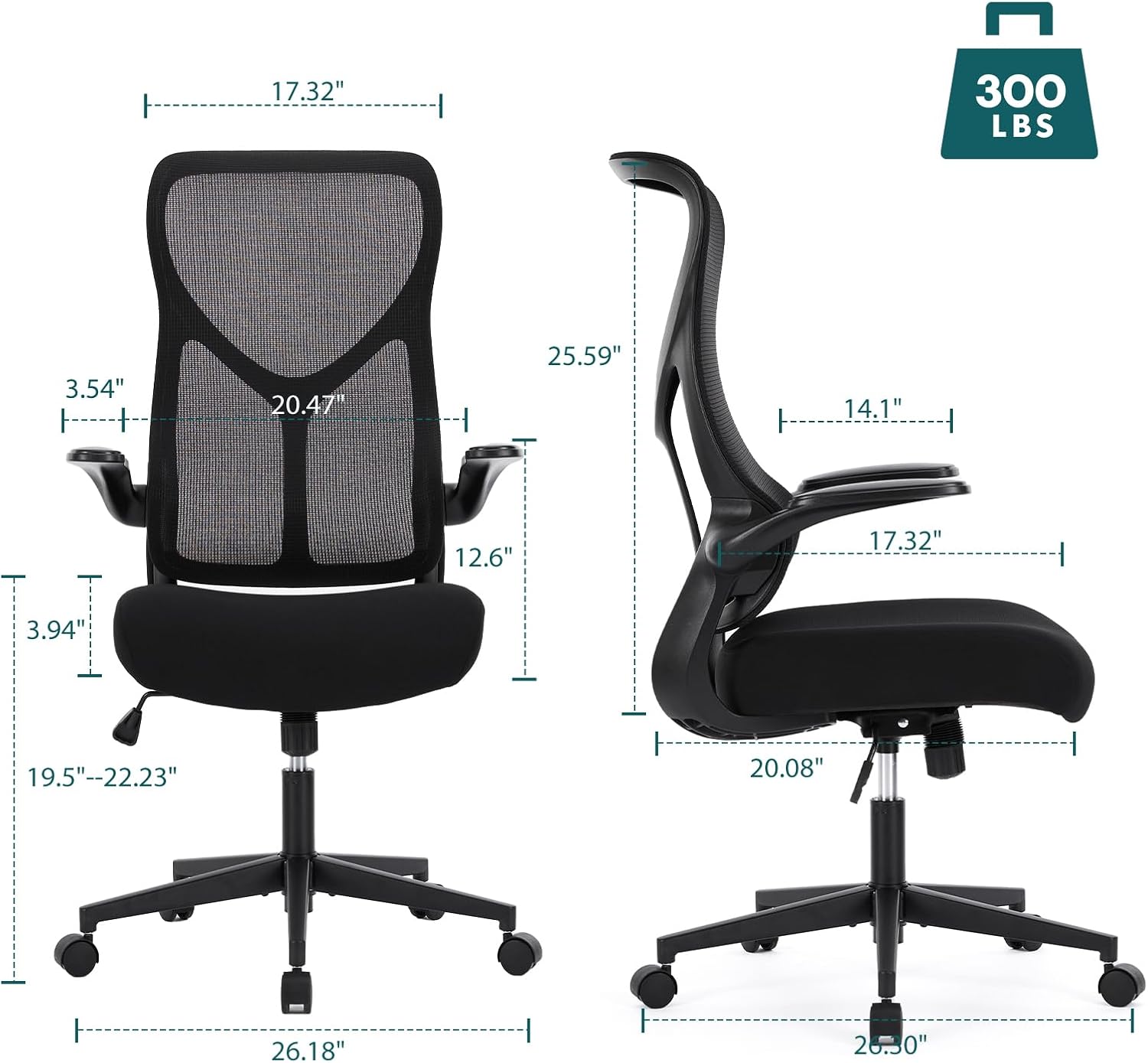 Ergonomic Computer Mesh Chair With Flip Up Armrests,Lumbar Support, Backrest For Home Office, Black Black Metal