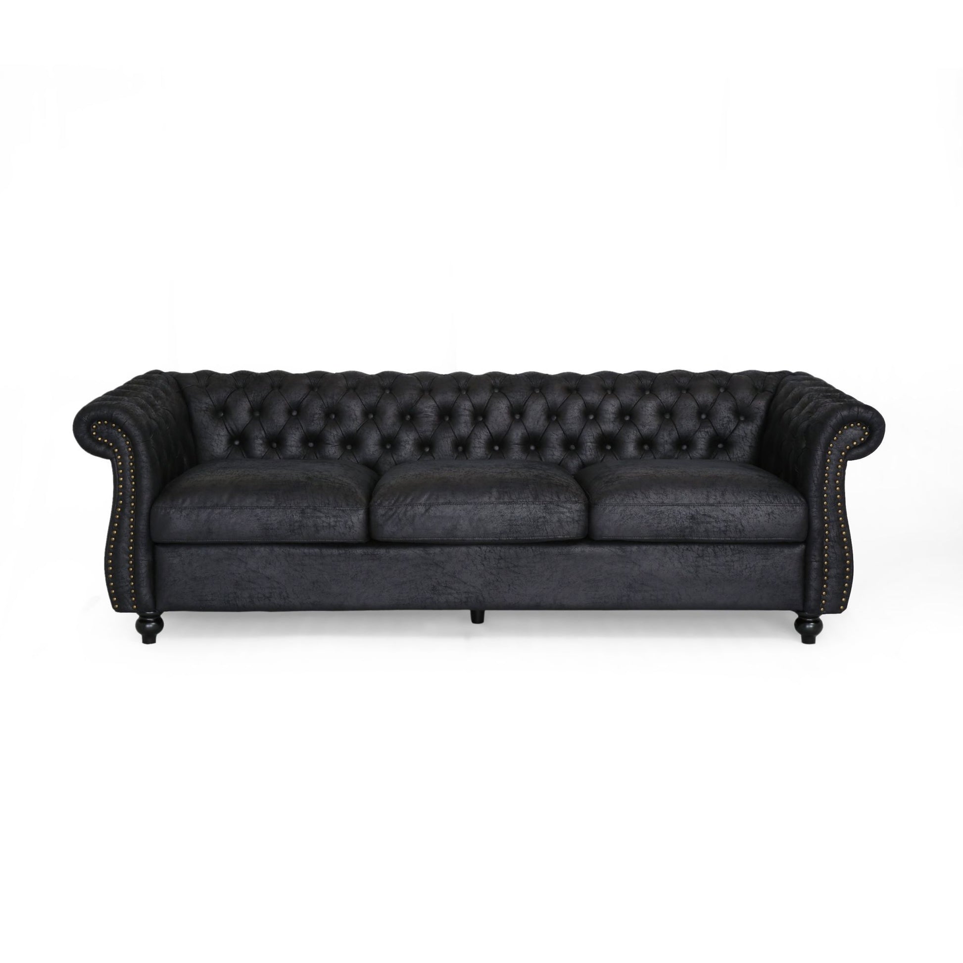 Black 3 Seater Faux Suede Sofa With Rolled Arms Modern, Elegant, And Comfortable Couch, Perfect For Living Room, Office, Primary Living Spaces, Bedroom, Ideal For Contemporary Home Decor Black Suede Wood Primary Living Space Medium Soft Tight Back Medium