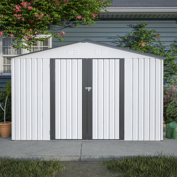 10X8 Ft Outdoor Storage Shed, All Weather Metal Sheds With Lockable Doors, Tool Shed For Garden, Patio, Backyard, Lawn, Grey White Metal