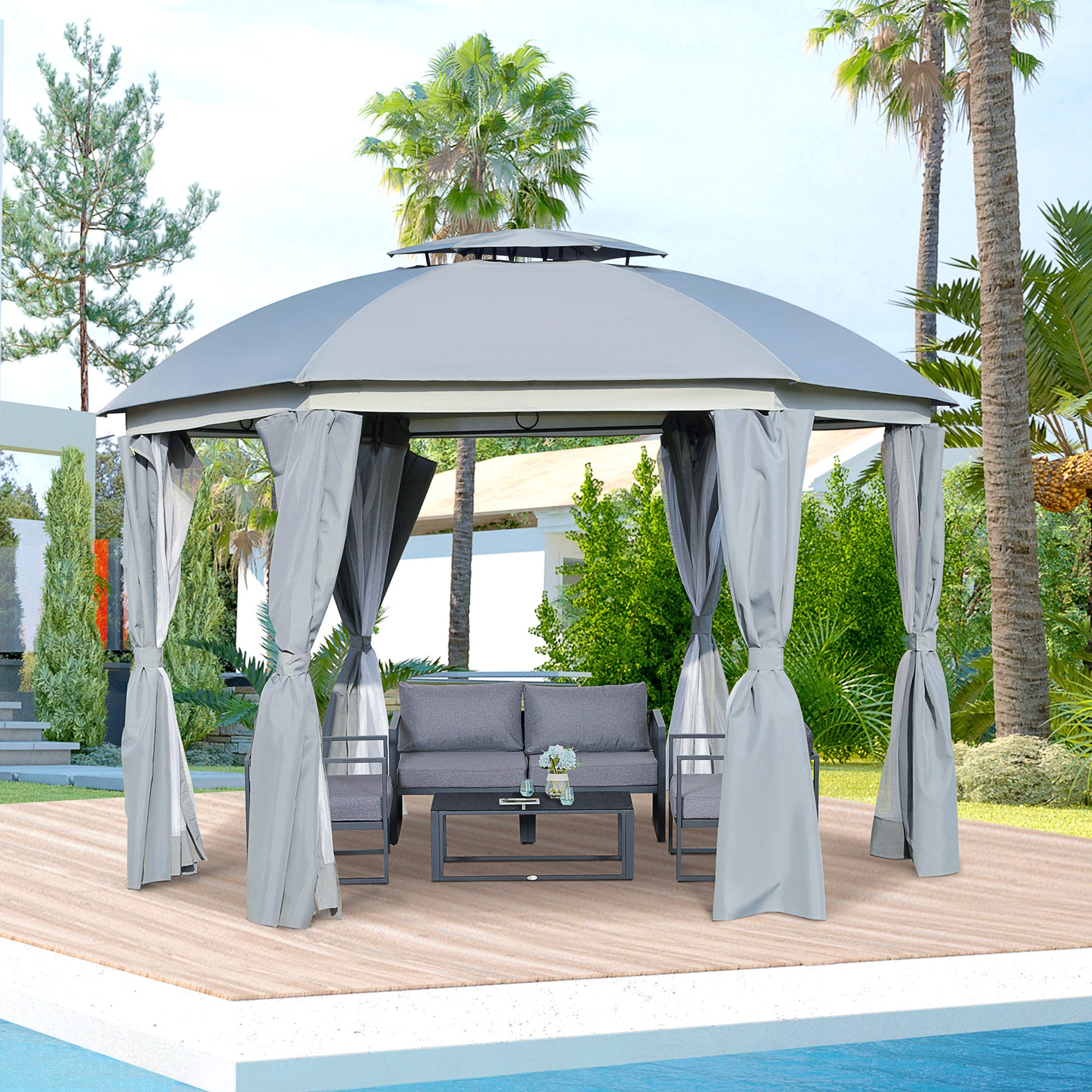 Outsunny 12' X 12' Round Outdoor Gazebo, Patio Dome Gazebo Canopy Shelter With Double Roof, Netting Sidewalls And Curtains, Zippered Doors, Strong Steel Frame, Grey Gray Steel