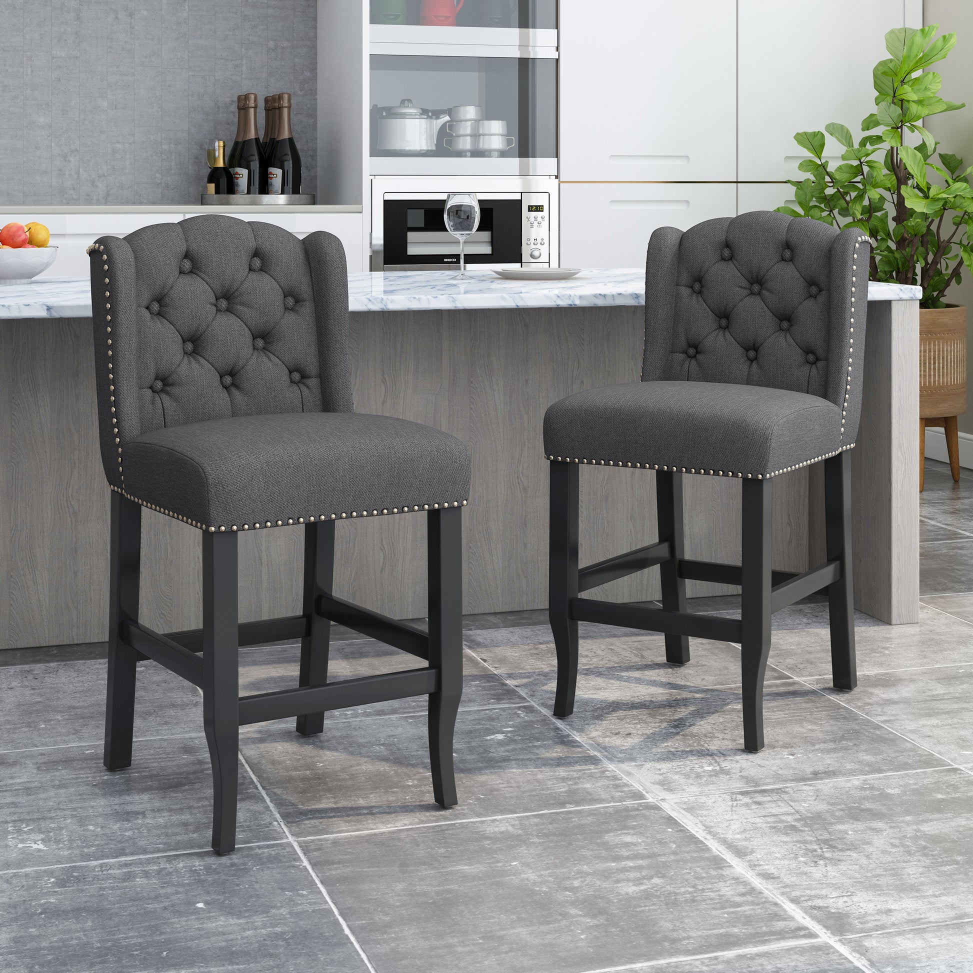 Vienna Contemporary Fabric Tufted Wingback 27 Inch Counter Stools, Set Of 2, Charcoal And Dark Brown Charcoal Fabric