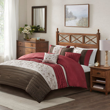Embroidered 7 Piece Comforter Set Red Queen Queen Red Polyester