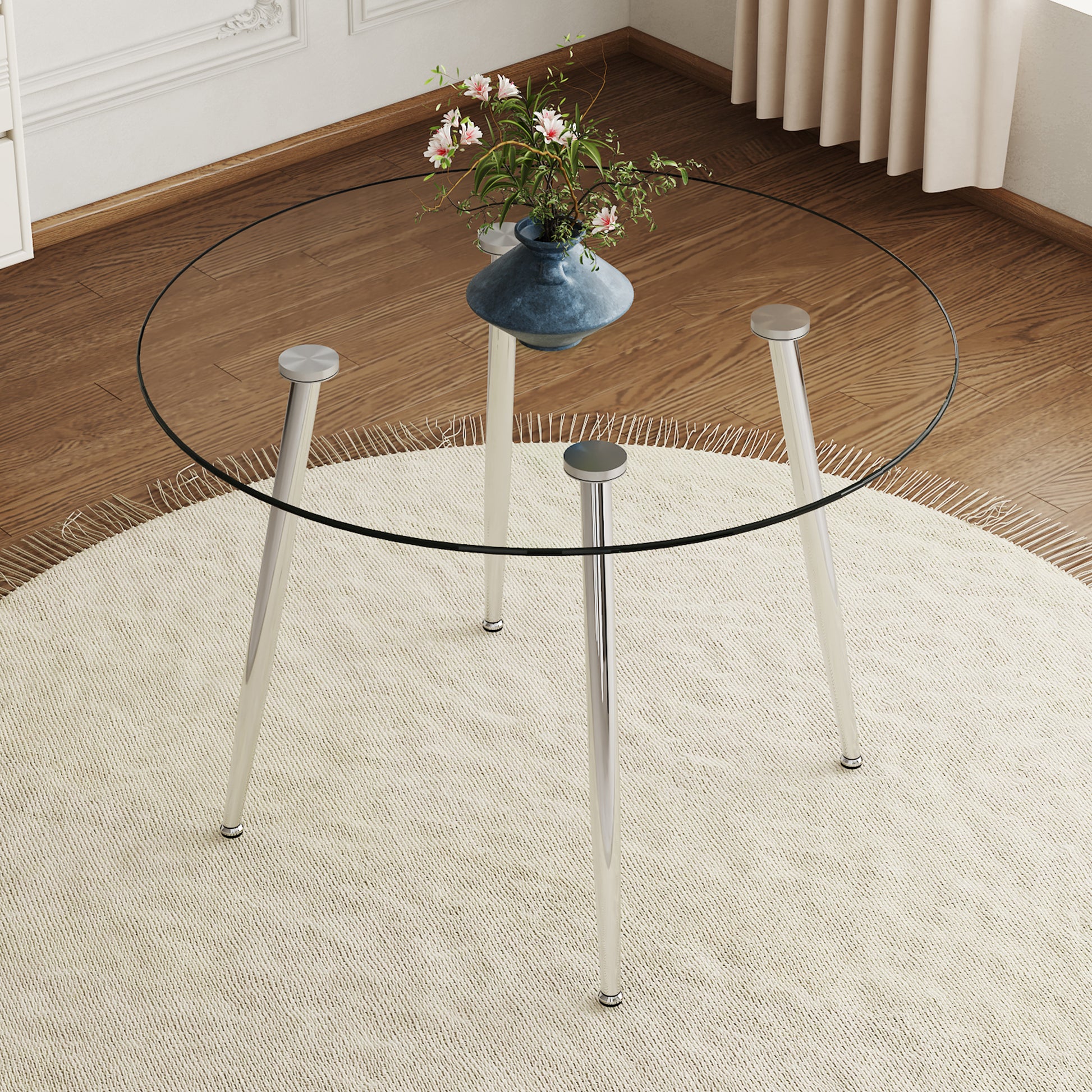 Round Dining Table With Glass Top, Silver Metal Legs, Exquisite Life, Starting From The Details, The Silver Legs Show An Extraordinary Texture, Which Is The Finishing Touch To Your Home Transparent Glass Metal