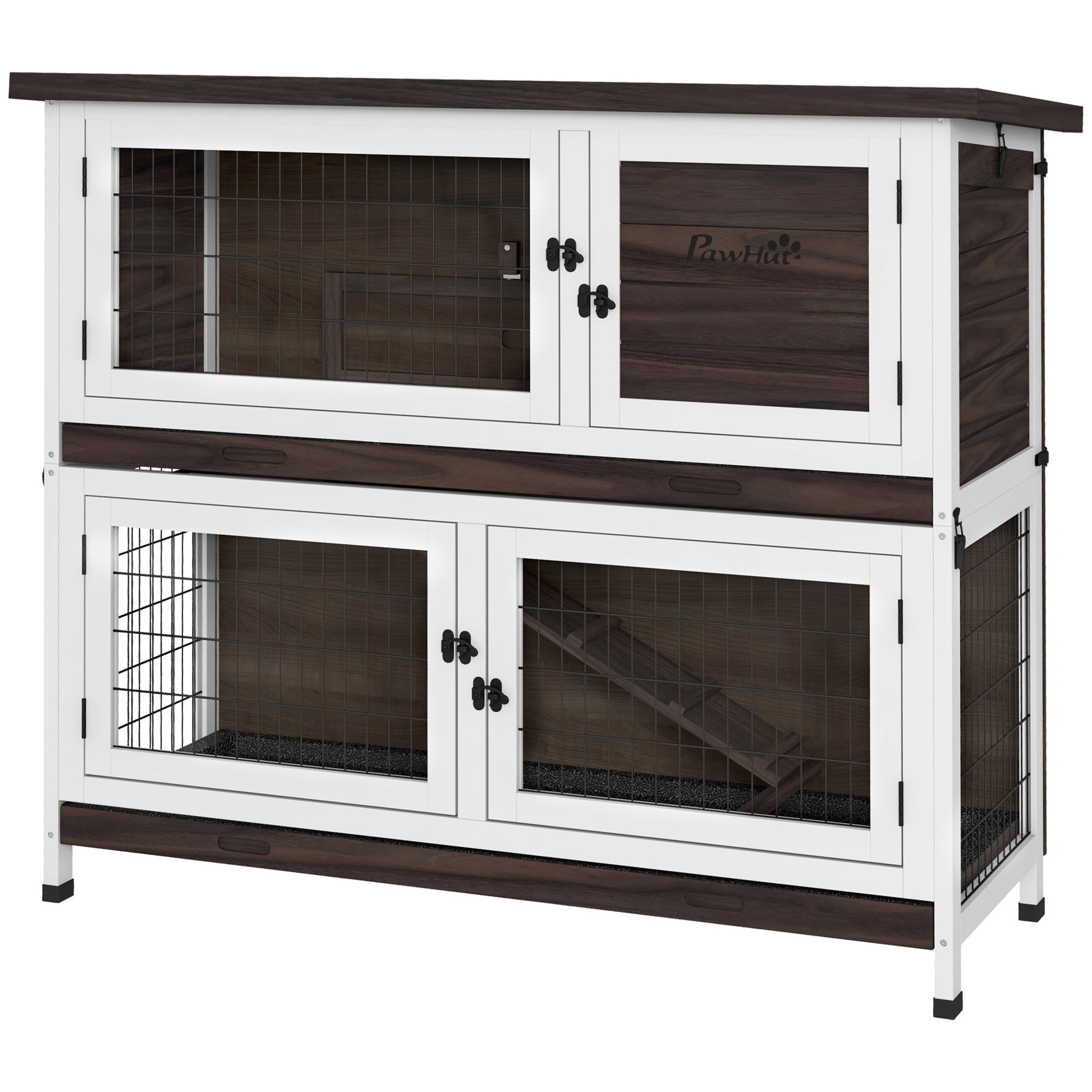 Pawhut Rabbit Hutch, Outdoor 2 Tier Rabbit Cage, 46" Wooden Guinea Pig Cage With Double Removable Trays, Ramp, Asphalt Roof For 1 2 Rabbits, No Screws Easy Installation, Brown Brown Wood