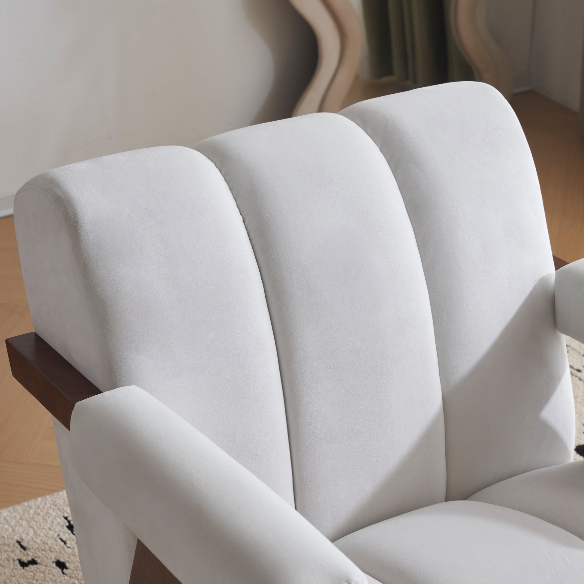 Mid Century Modern Accent Chair With Solid Wood Frame, Upholstered Living Room Chairs With Thick Cushion, Comfy Tufted Arm Chair For Bedroom, Living Room, Velvet, Ivory Ivory White Velvet