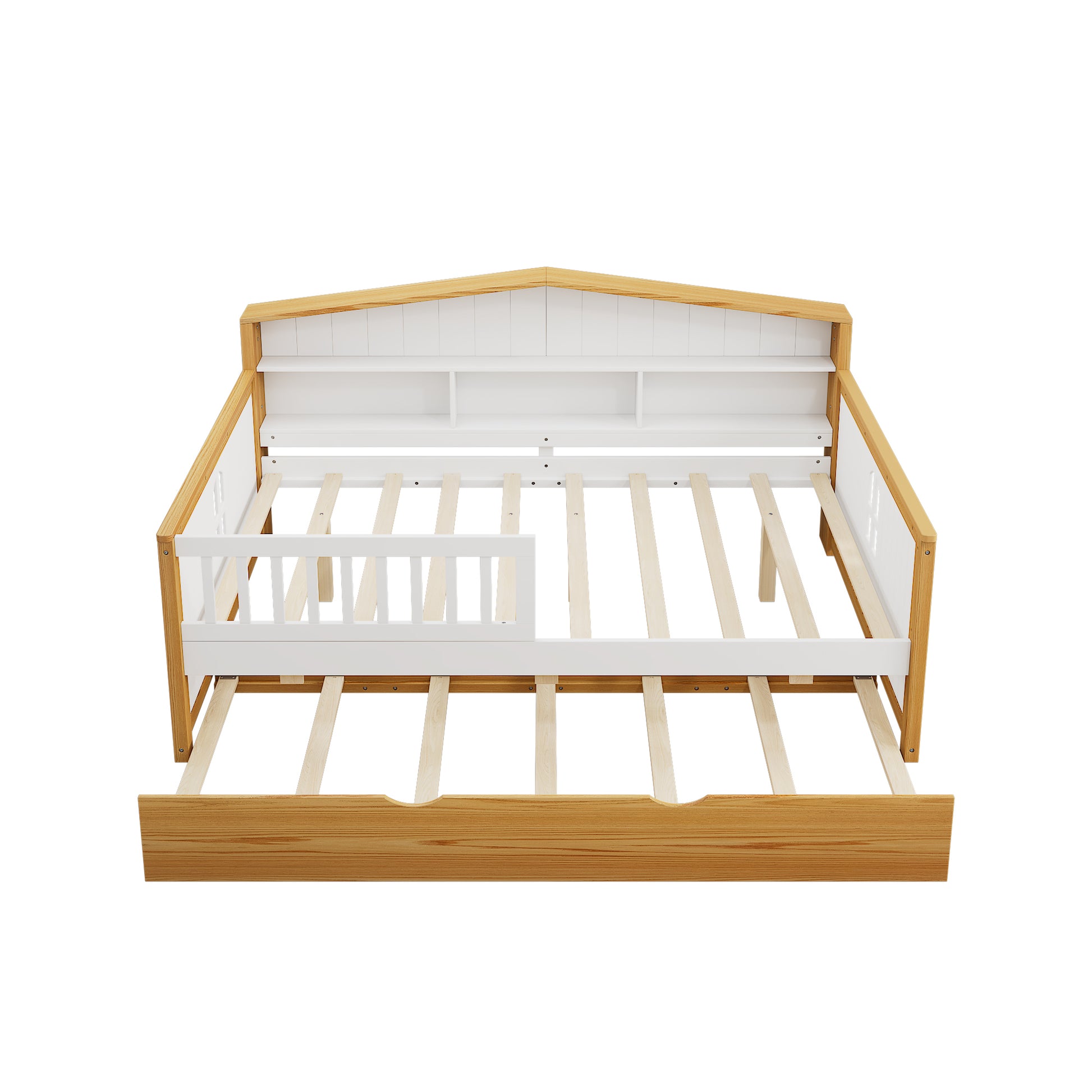 Full Size House Shape Daybed With Trundle And Bookcase Headboard Wooden Bed For Girls Boys Teens, No Box Spring Needed, Walnut And White Box Spring Not Required Full White Walnut Wood Bedroom Cute Pine Bed Frame Wood