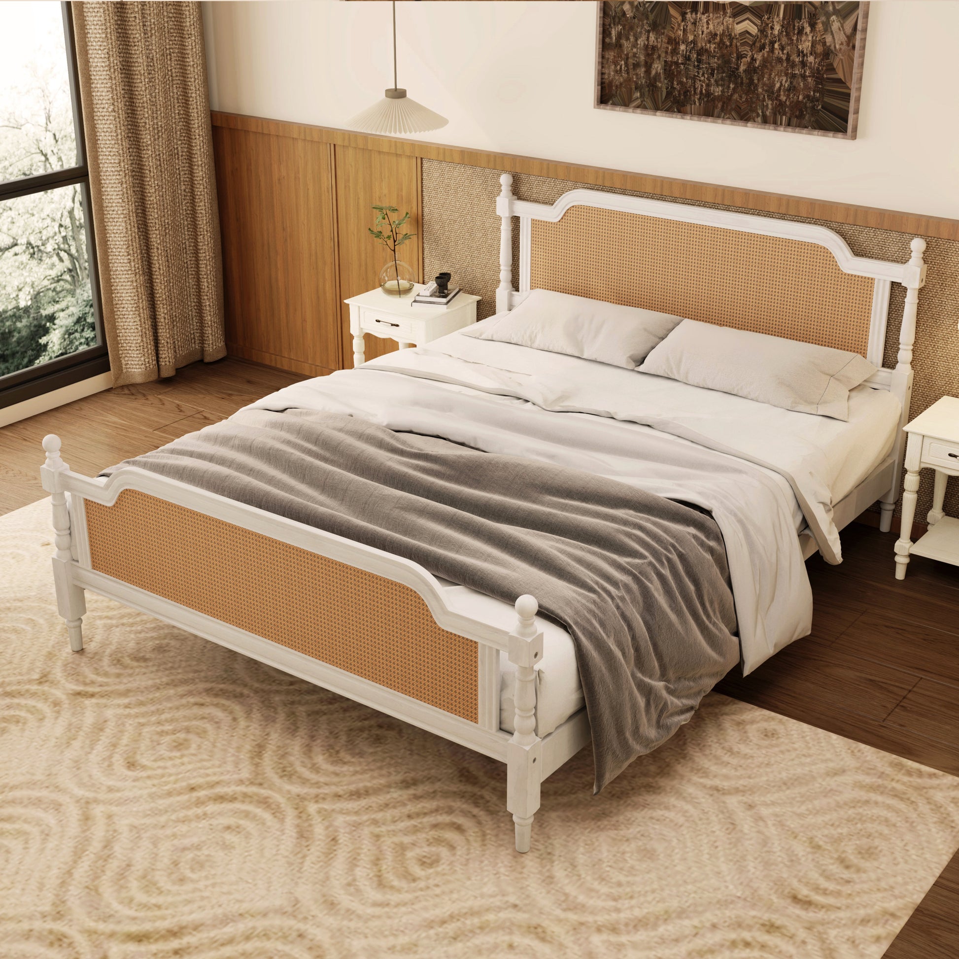 Traditional Style Rattan King Size Bed Frame,No Box Spring Needed,Antique White Box Spring Not Required King Antique White Wood Bedroom Traditional,Vintage Bed Frame Wood