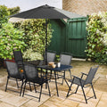 Outsunny 8 Piece Patio Dining Set With Table Umbrella, 6 Folding Chairs And Rectangle Dining Table, Outdoor Patio Furniture Set, Black Black Metal