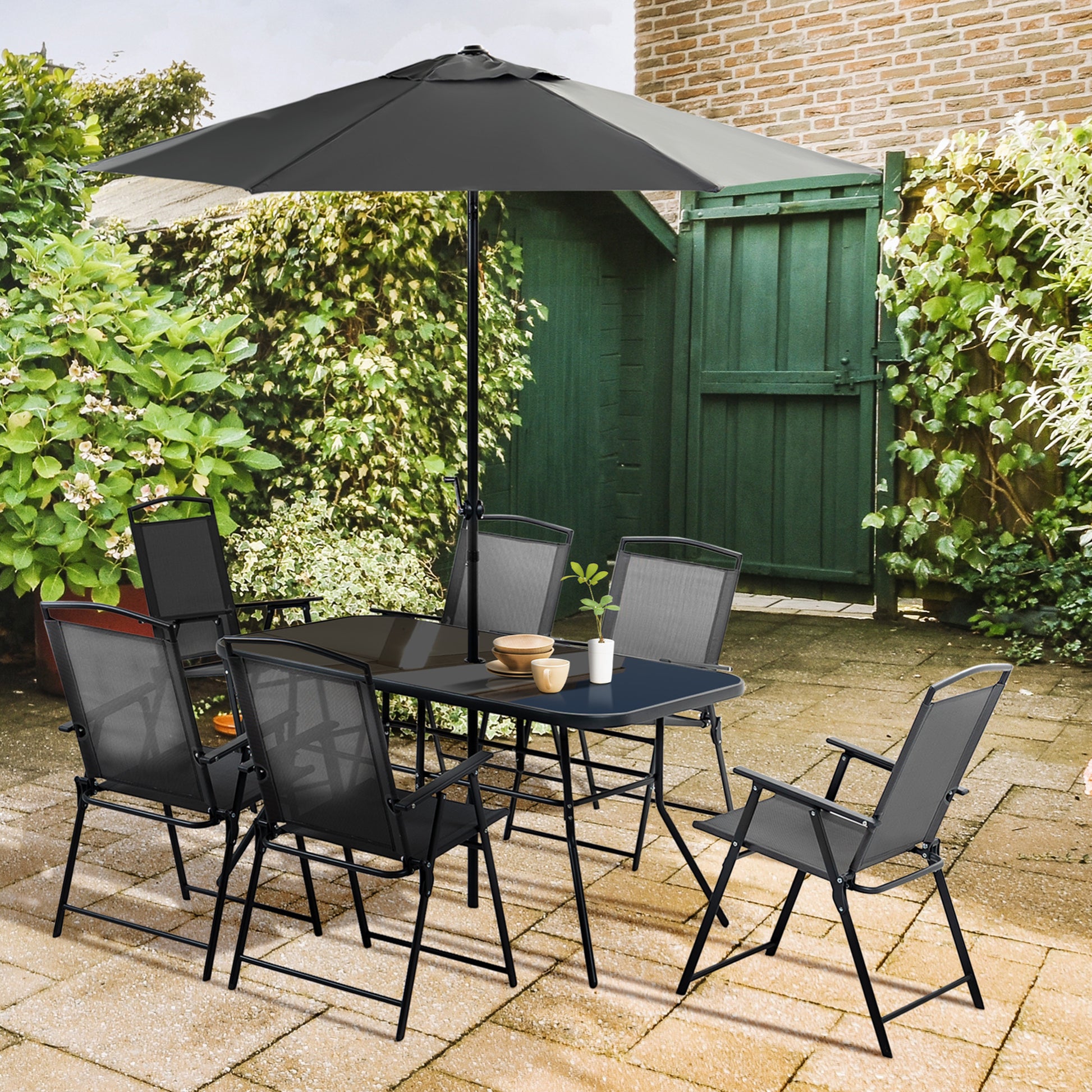 Outsunny 8 Piece Patio Dining Set With Table Umbrella, 6 Folding Chairs And Rectangle Dining Table, Outdoor Patio Furniture Set, Black Black Metal