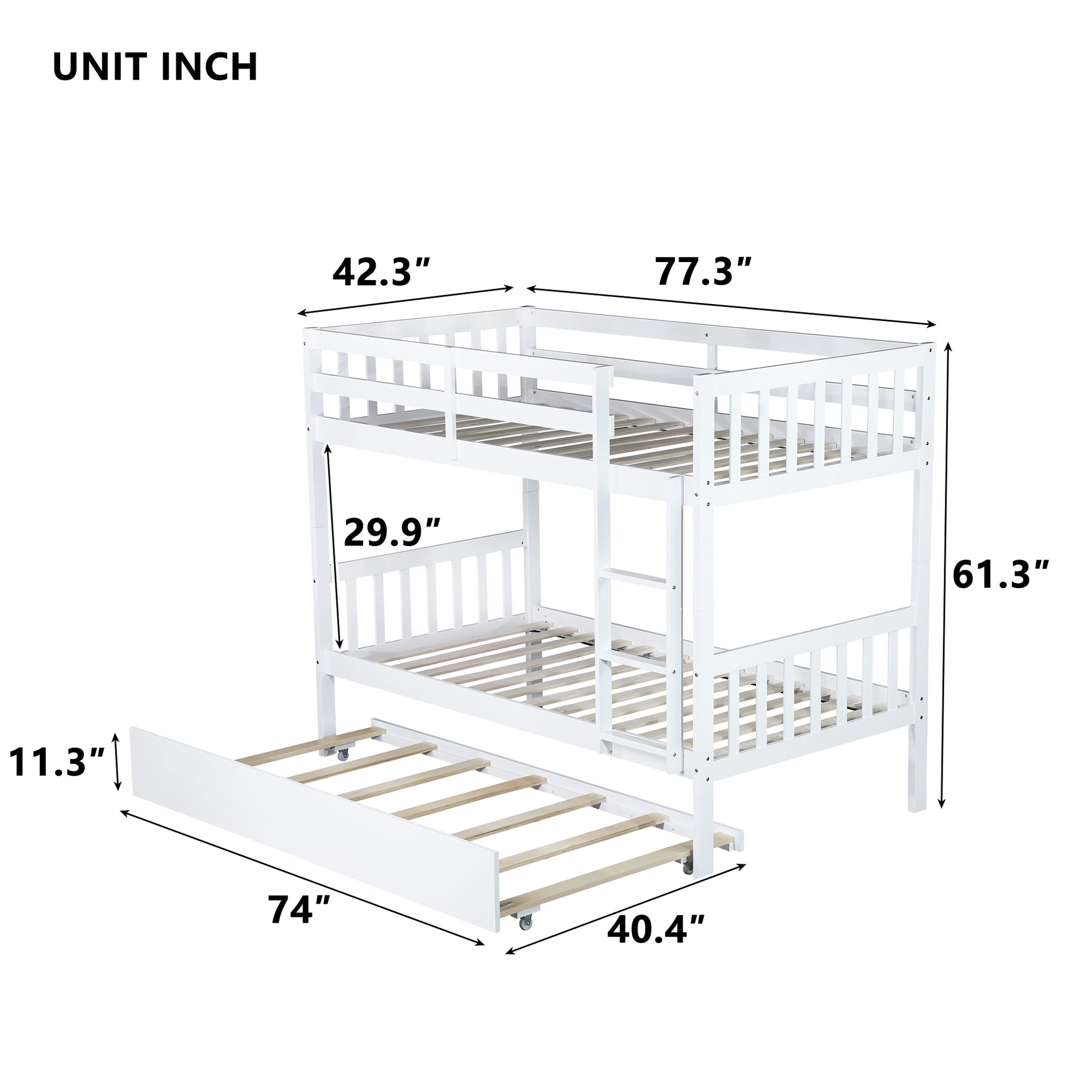 Twin Over Twin Rubber Wood Bunk Bed With Trundle, Convertible Into 2 Twin Size Beds, Twin Size Bunk Bed With Ladder And Safety Guardrails, White Twin White Rubber Wood