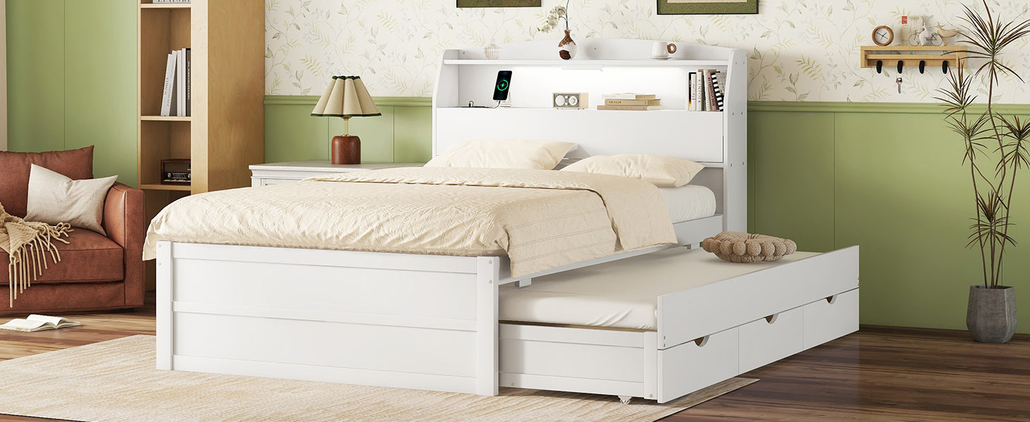 Full Size Wooden Led Platform Bed With Trundle, With Storage Headboard, With Drawers, White Full White Plywood