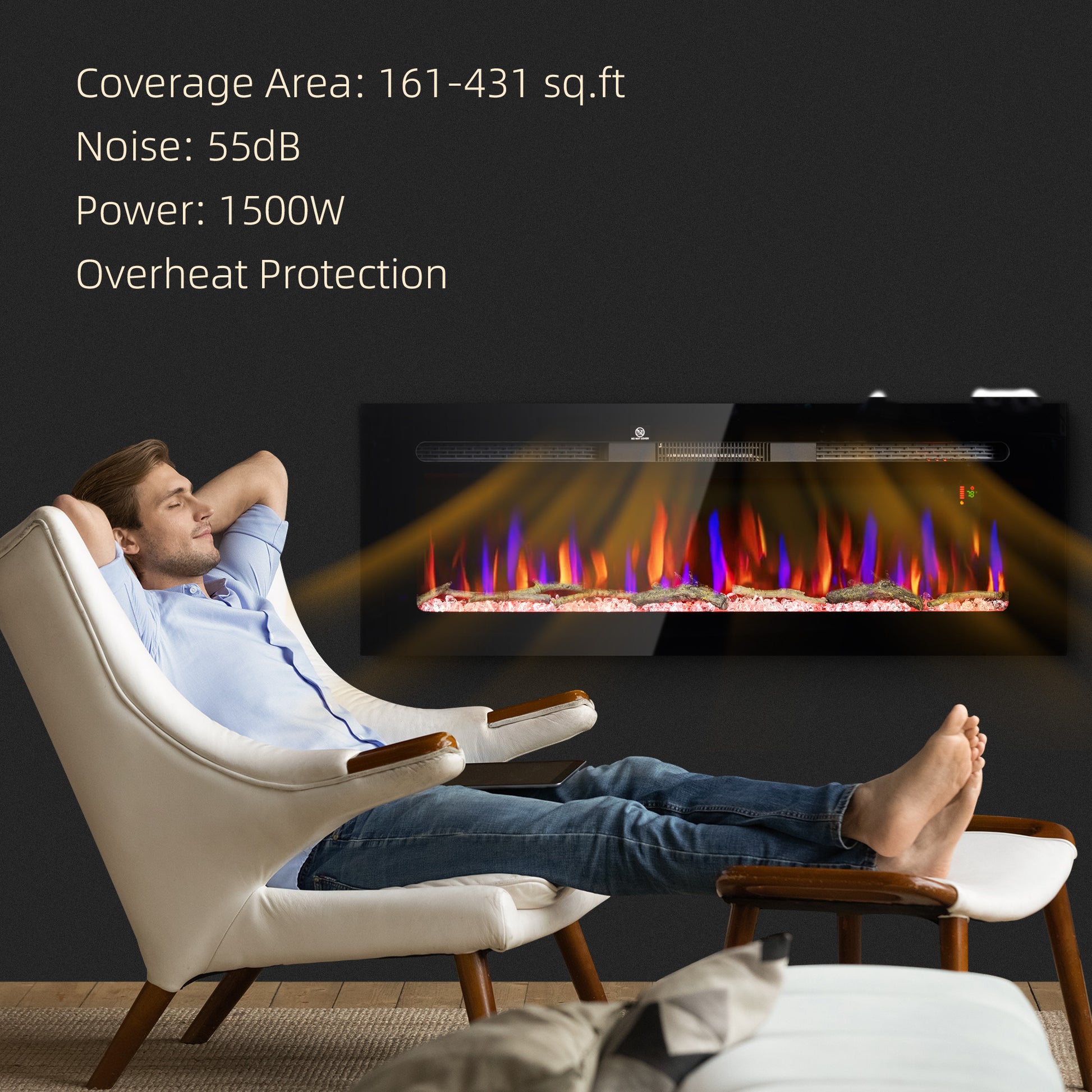Homcom 50" Electric Fireplace Recessed And Wall Mounted With Remote Control, 1500W Fireplace Heater With 8H Timer, Adjustable Flame Color And Brightness, Log And Crystal Black Steel