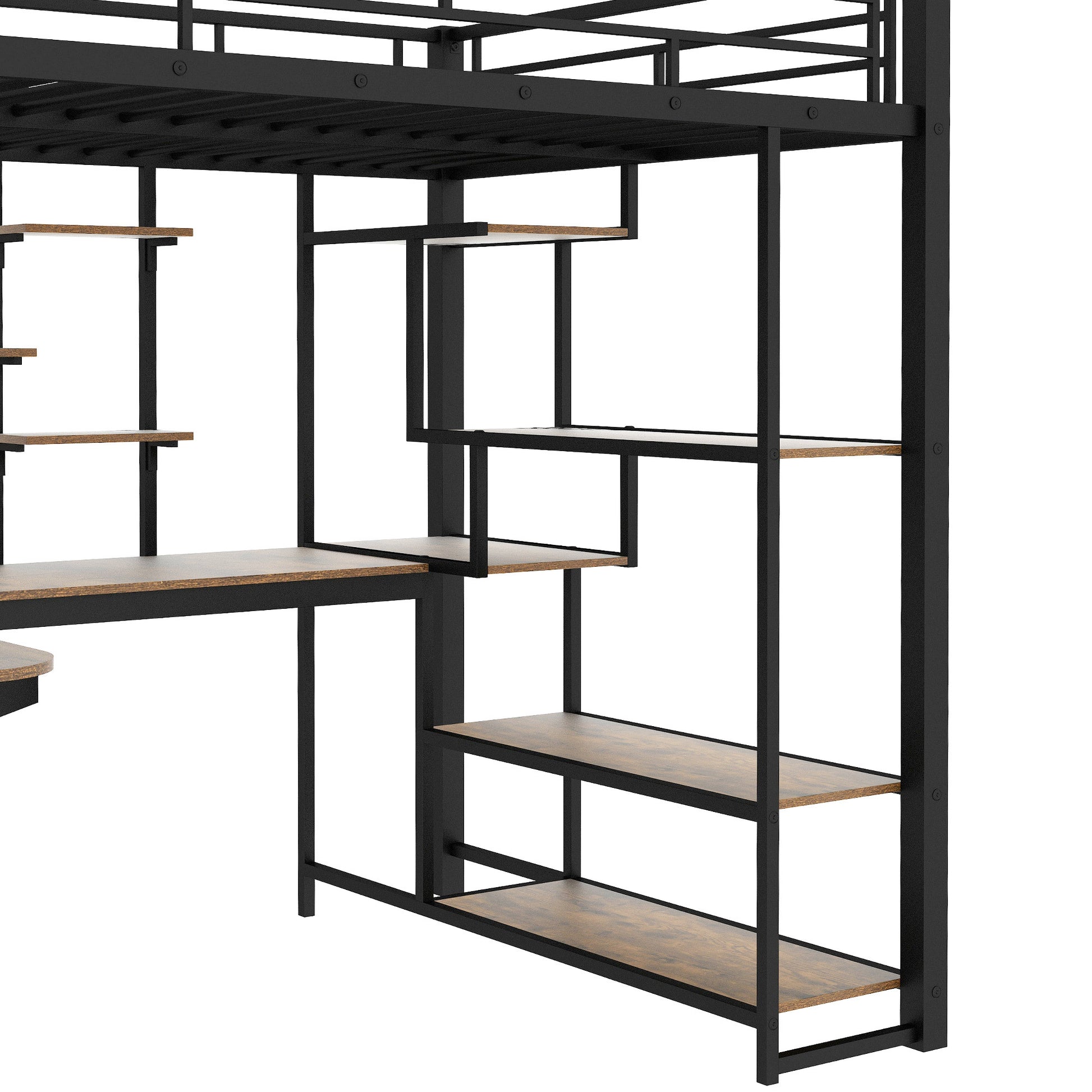 Full Size Metal Loft Bed With Storage Staircase And Small Wardrobe, Built In Desk And Storage Shelves, Black Full Black Metal