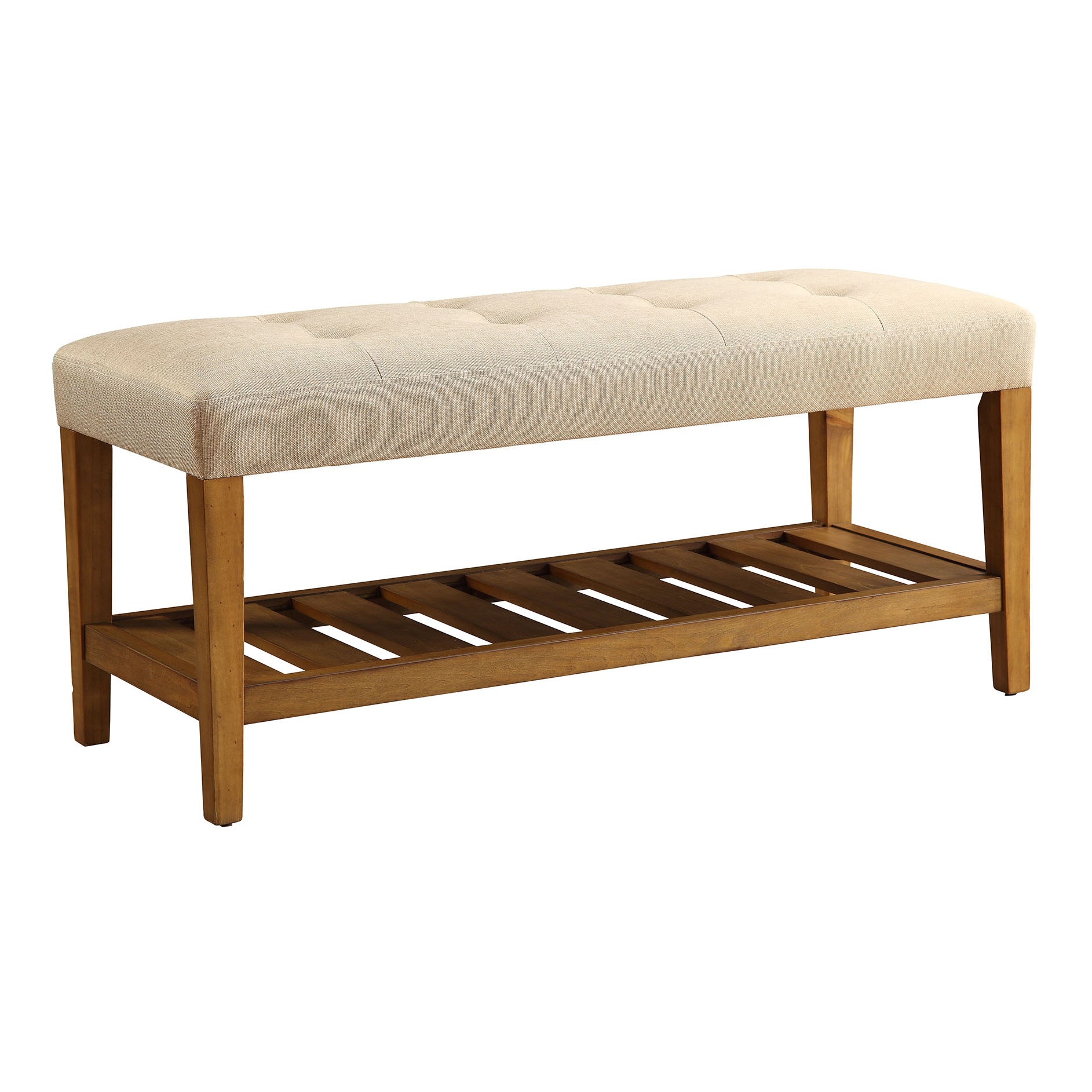 Beige And Oak Tufted Padded Seat Bench Beige Brown Bedroom Beige Contemporary Shelves Wood Fabric
