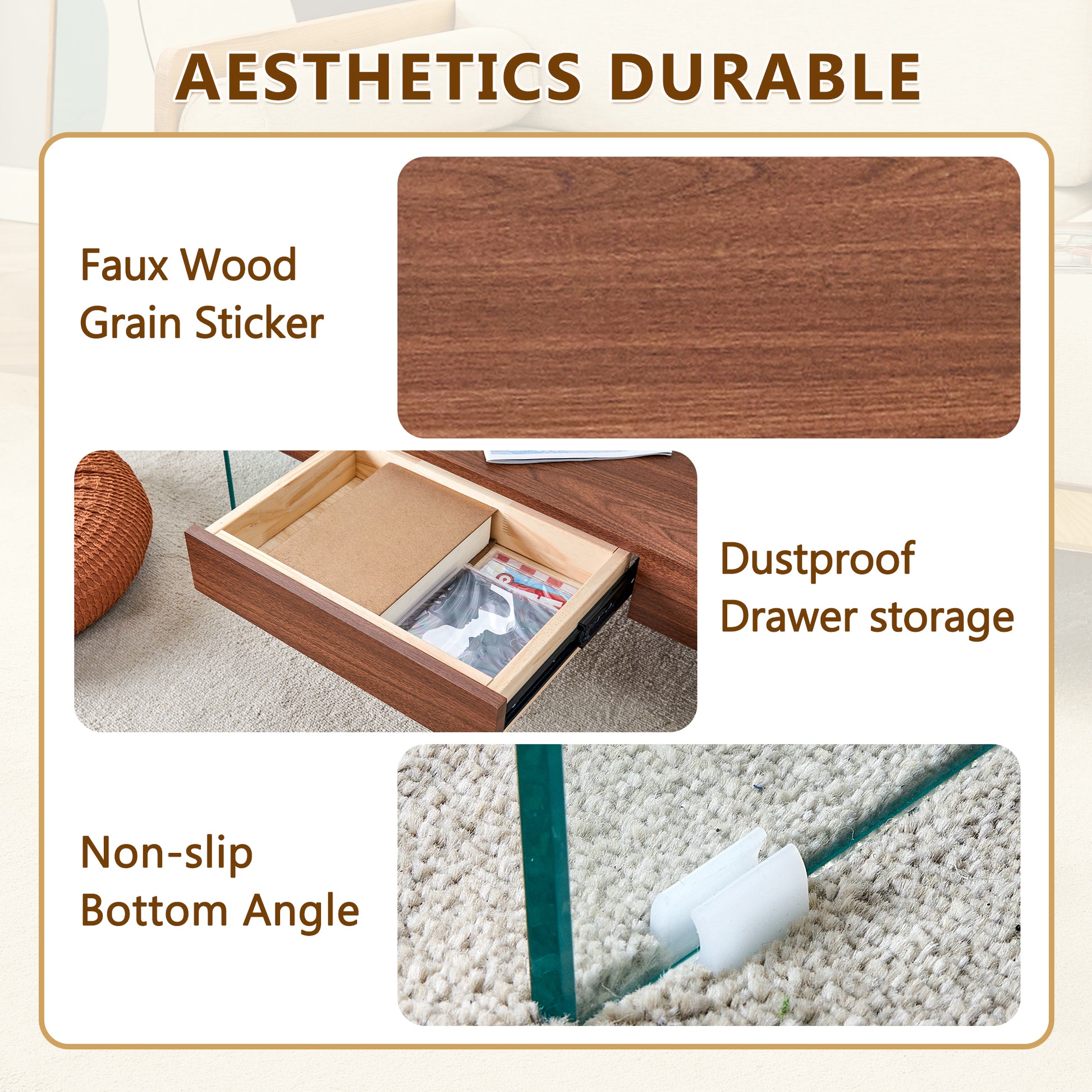 43.3 Inch Modern Two Tier Coffee Table Clear Tempered Glass And Dark Wood Grain, Multifunctional Storage Design.The Bottom Tier Includes A Drawer.Can Be Used As A Coffee Table,Side Table,Etc.