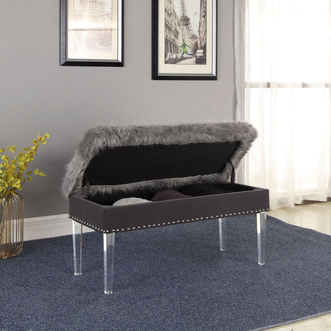 20" Tall" Horice" Mid Century Modern Tufted Storage Bench, Gray With Faux Fur Gray Faux Fur