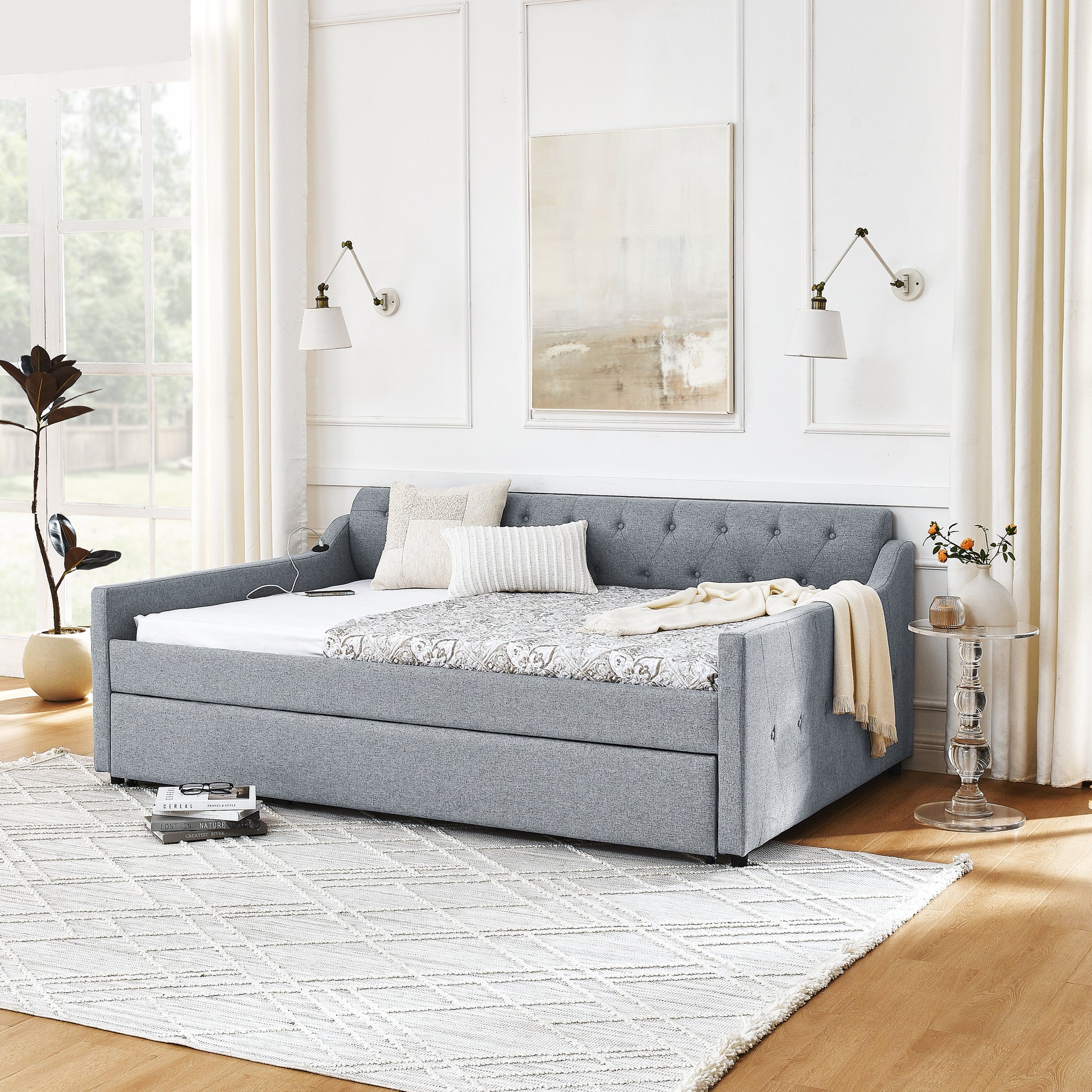 Full Size Upholstery Daybed With Twin Size Erectable Trundle And Usb Charging Design, Linen Grey Box Spring Not Required Full Grey Linen Linen