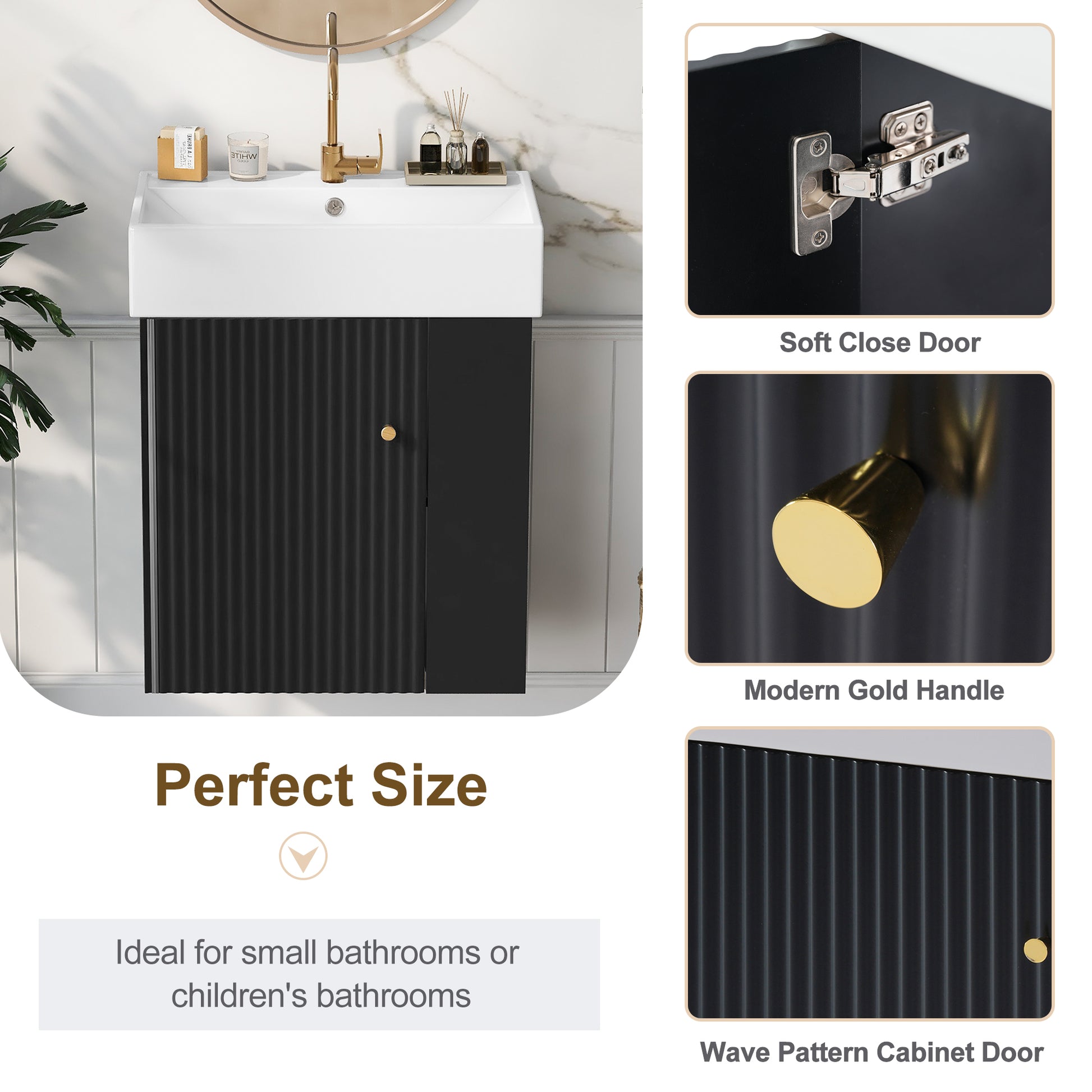 Video 21.6 Inch Modern Floating Bathroom Vanity With Ceramic Basin Perfect For Small Bathrooms, Right Side Storage Black Bathroom Ceramic Mdf