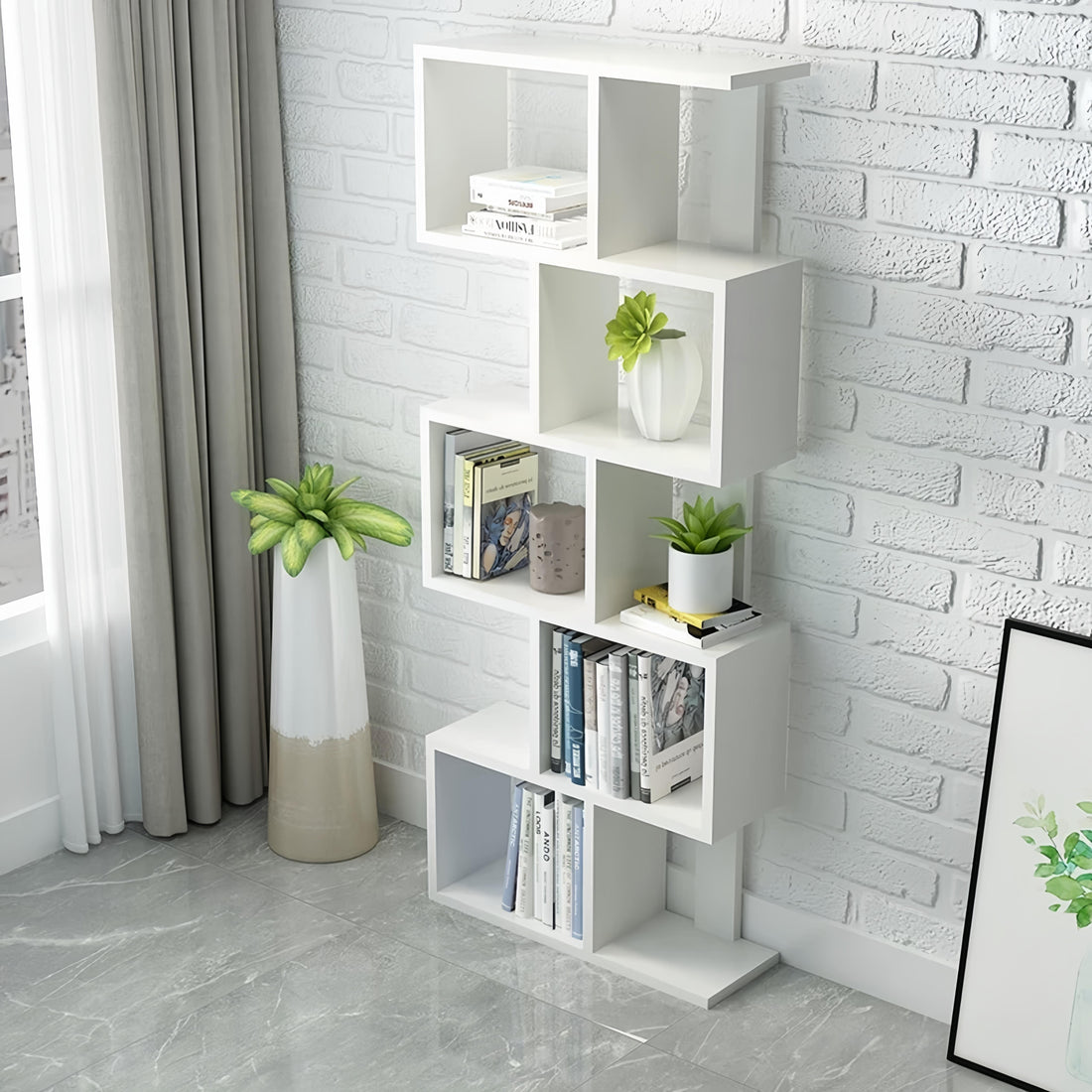 Dfw 5 Tier Geometric Storage Shelf Bookshelf, S Shaped Bookcase, Freestanding Room Divider, Industrial Home Office Decor Wood Open Storage Display Shelf For Living Room 1, White 5 White White