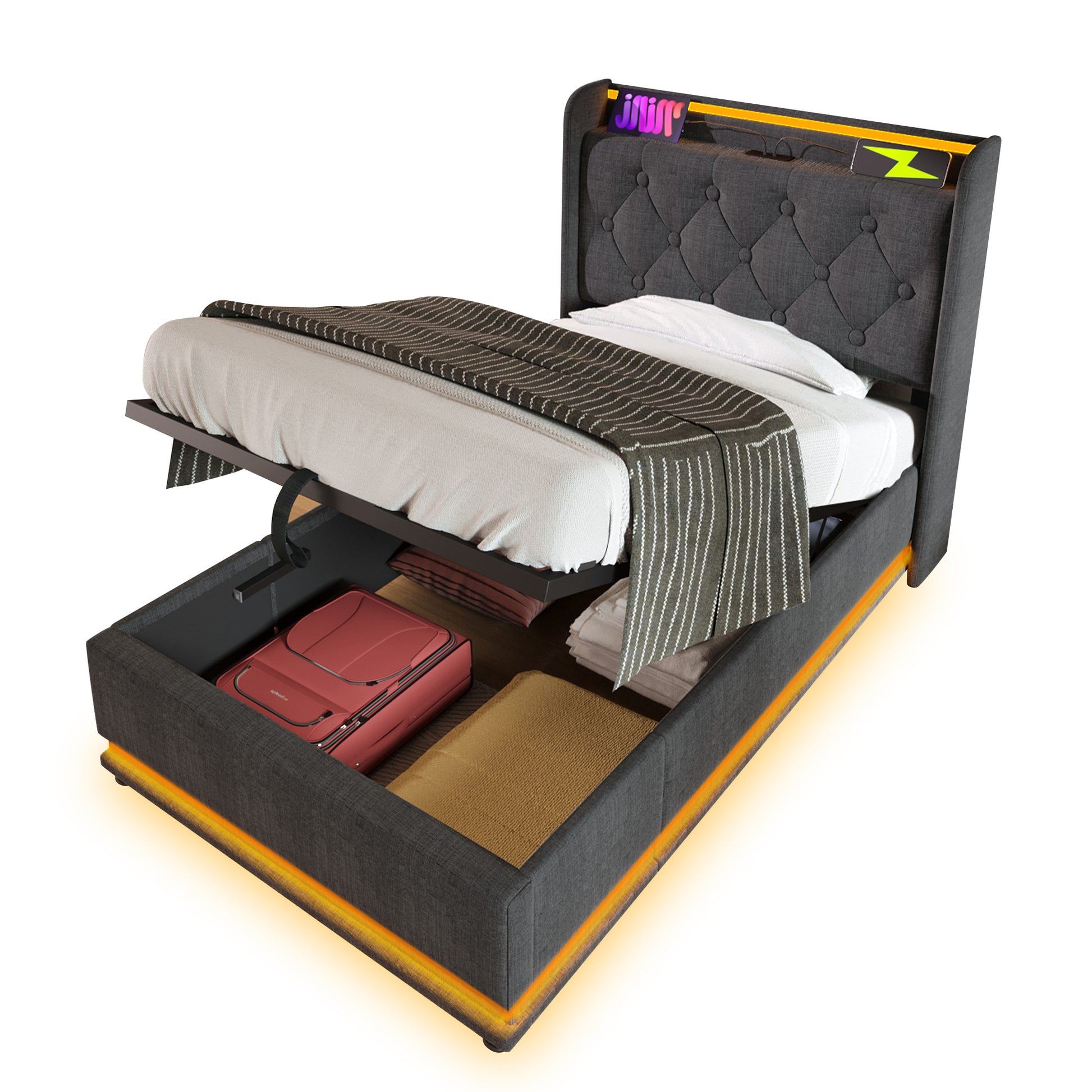 Twin Size Upholstered Bed, 360 Surround Led Function, Buttons Apps Remote Control, Hydraulic Storage Bed With Usb Type C Charging, Gray,Linen Without Mattress Twin Gray Linen