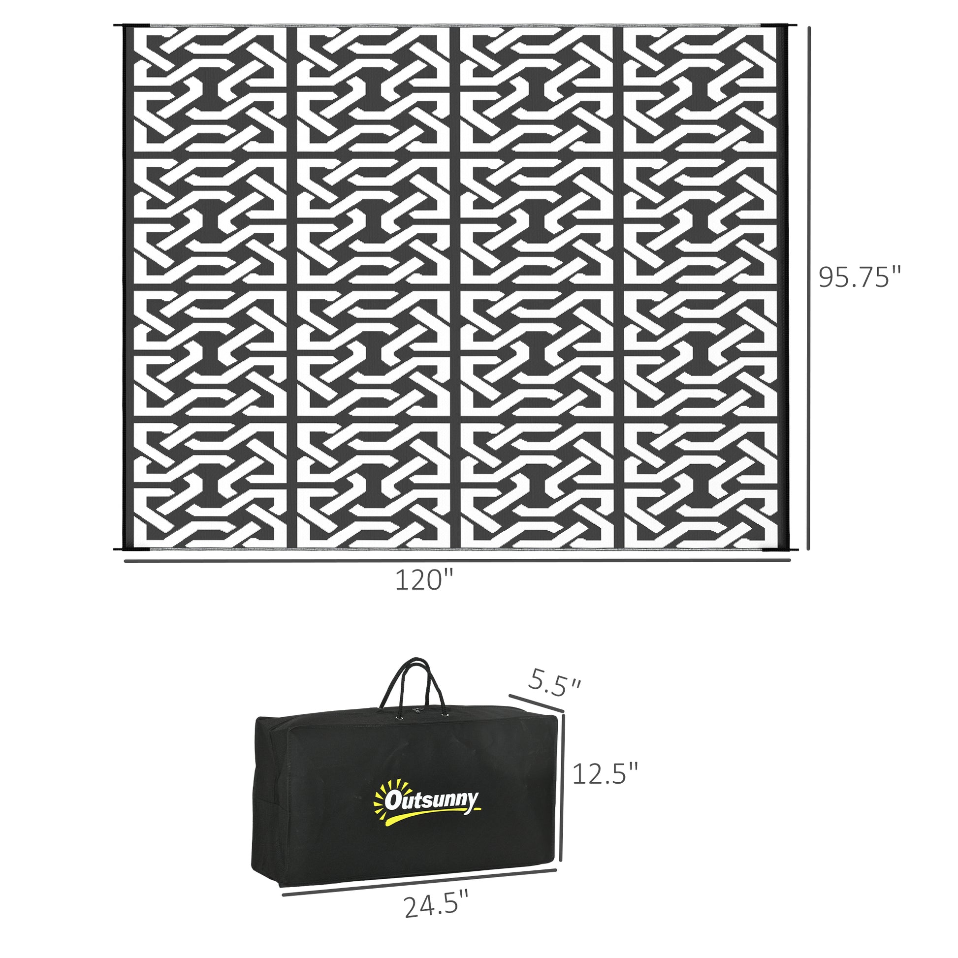 Outsunny Reversible Outdoor Rug, 8' X 10' Waterproof Plastic Straw Floor Mat, Portable Rv Camping Carpet With Carry Bag, Large Floor Mat For Backyard, Deck, Picnic, Beach, Black & White Chain Multicolor Polypropylene