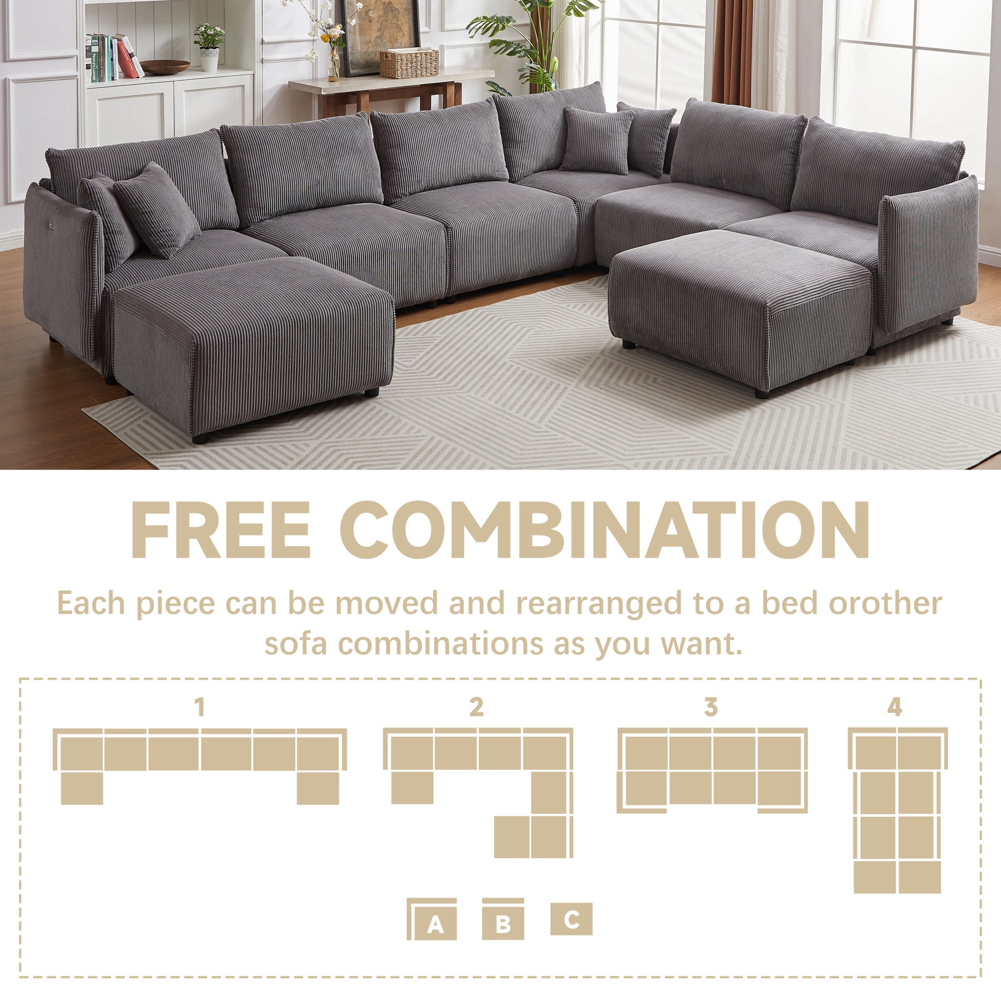 Multi Module Combination Style Sofa For Living Room, Bedroom And Other Lounge Spaces, Modern Minimalist Corduroy Combination Sofa With 2 Comfort Cushions With Usb & C Charging Ports,Gray,Two Sets Gray Foam Fabric 8 Seat