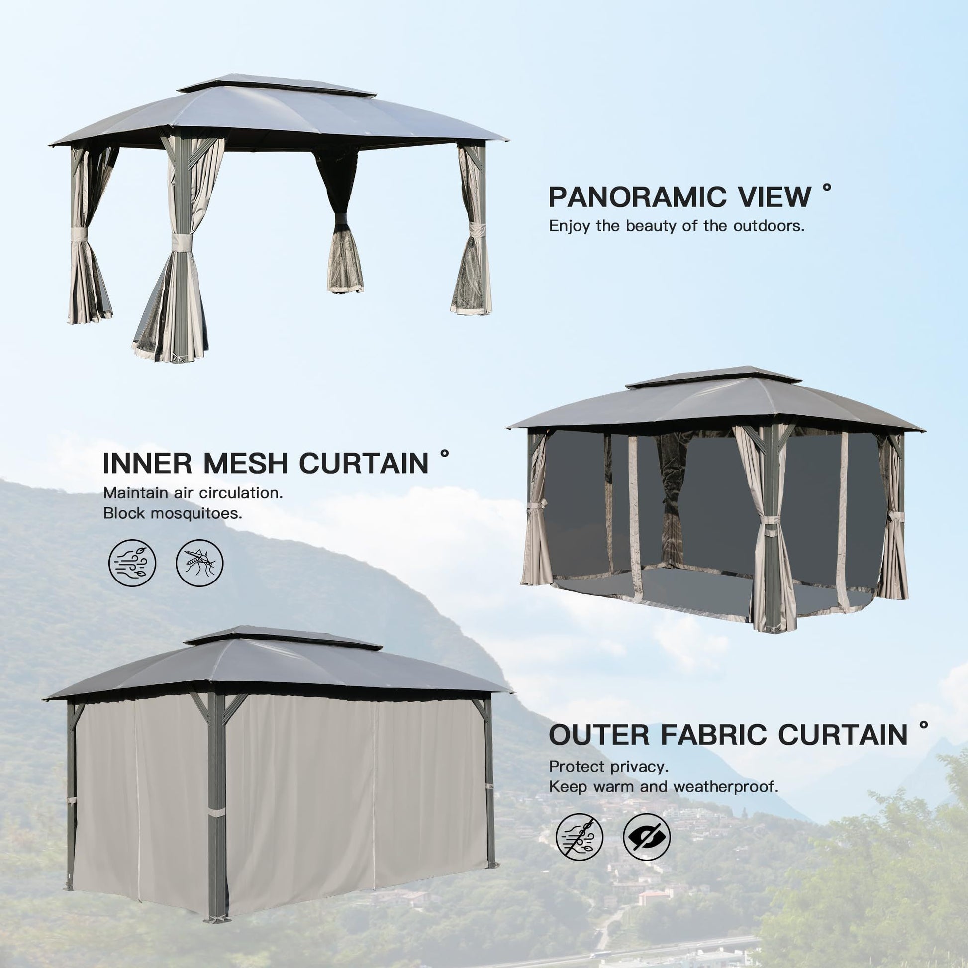 Gazebo 10X14Ft, Outdoor Gazebo With Double Roofs, Privacy Curtains, Mosquito Nettings, Heavy Duty Metal Frame Party Tent Canopy For Patio, Backyard, Deck, Lawn, Grey Gray Garden & Outdoor Steel