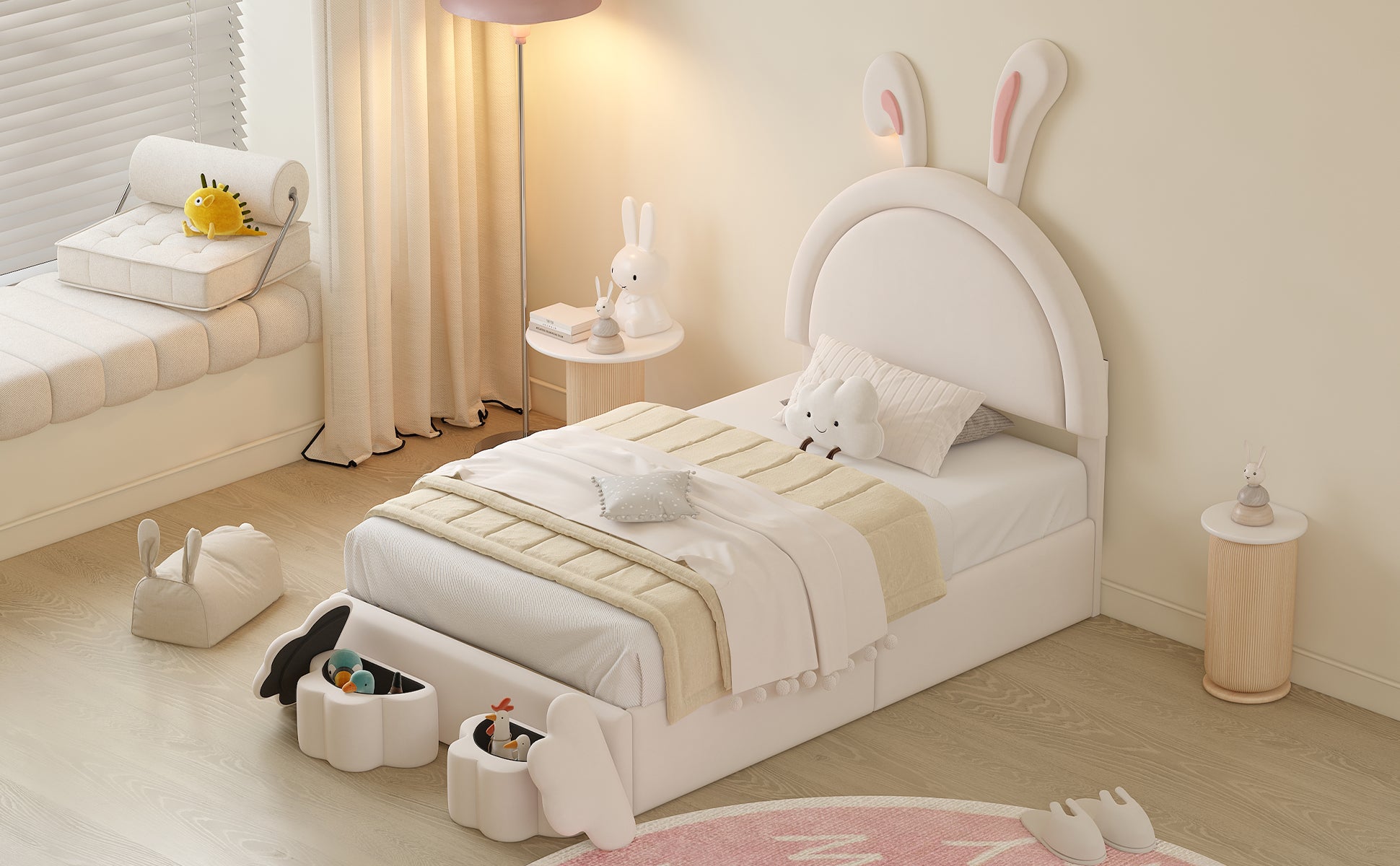 Twin Size Upholstered Rabbit Shape Bed With 2 Storage Stools, Velvet Platform Bed With Cartoon Ears Shaped Headboard, White Twin White Wood