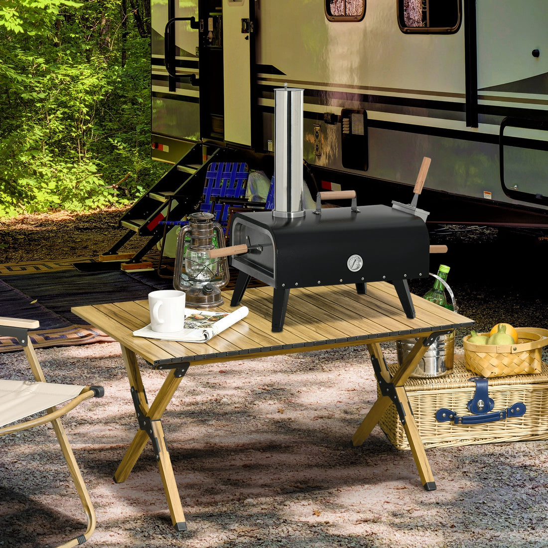 Outsunny Outdoor Pizza Oven With 12" Stone, Peel And Cover, Portable Pellet Wood Fired Pizza Maker With Foldable Legs, Stainless Steel Pizza Grill For Outside, Backyard, Outdoor Kitchen Black Steel