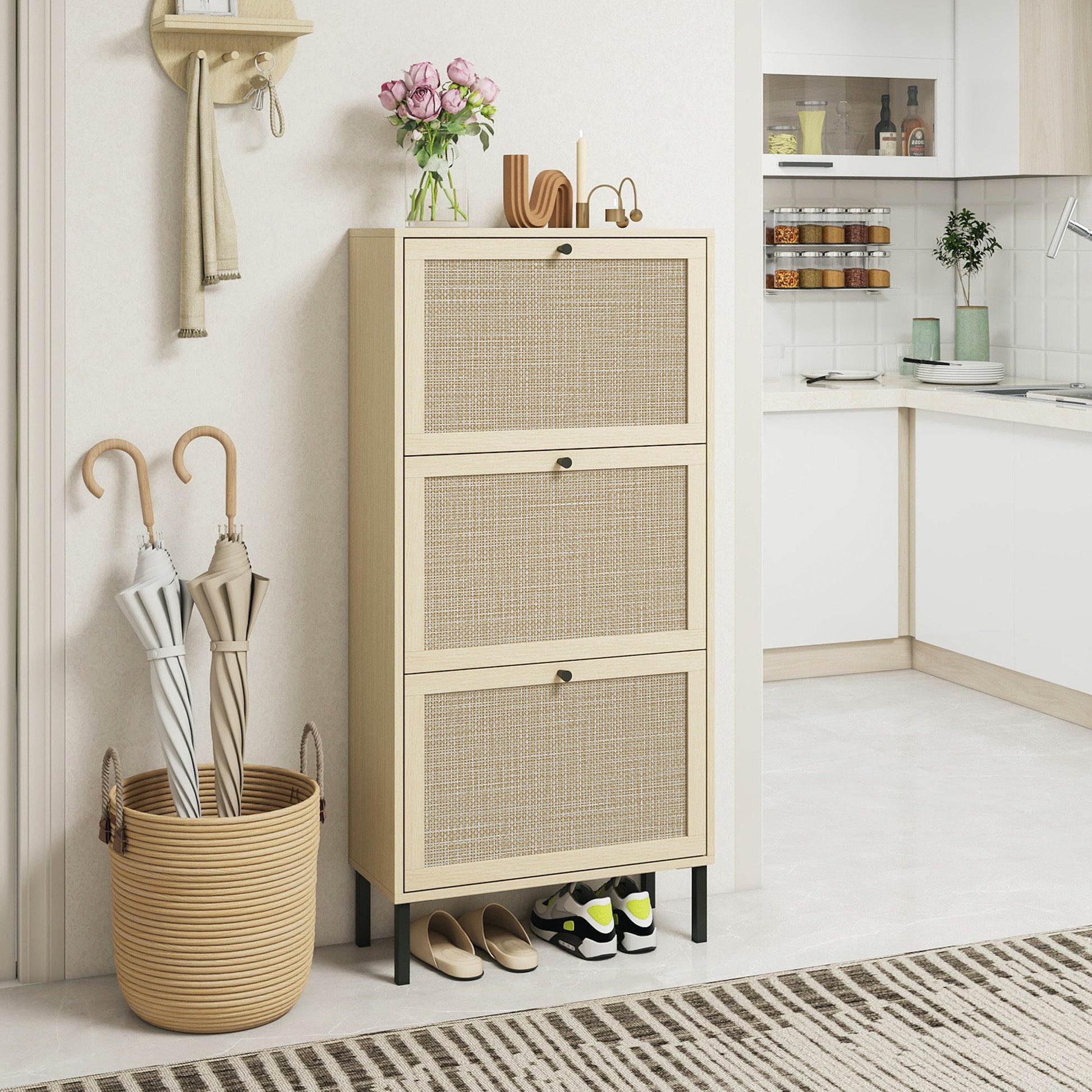 Rattan 3 Door Shoe Rack, Freestanding Modern Shoe Storage Cabinet, For Entryway Natural Particle Board