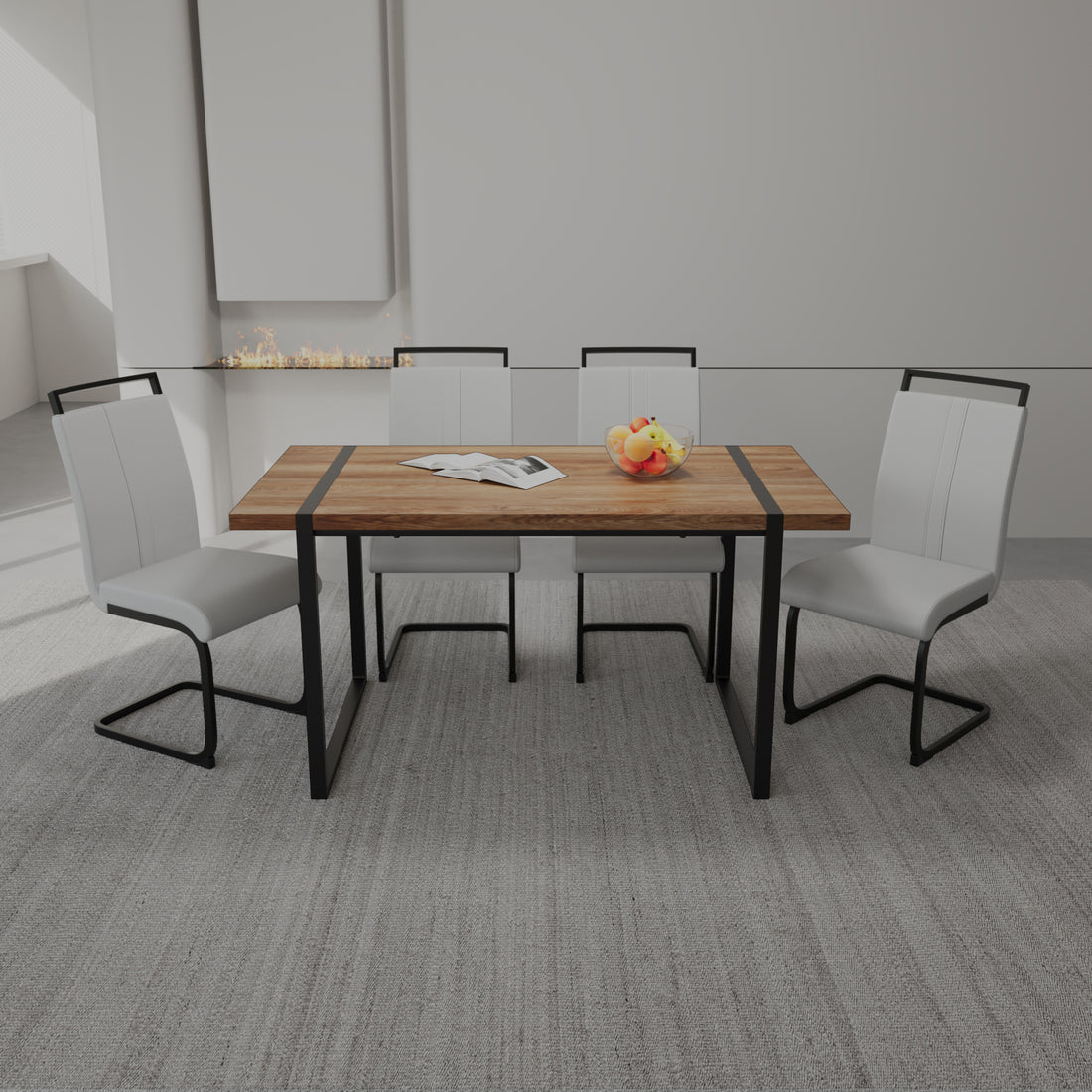 59 "Rural Industrial Rectangular Mdf Wood Color Dining Table Set And Pu Armless Dining Chair Set 4. Kitchen Black Metal Table Leg Dining Chair Set Wood Mdf