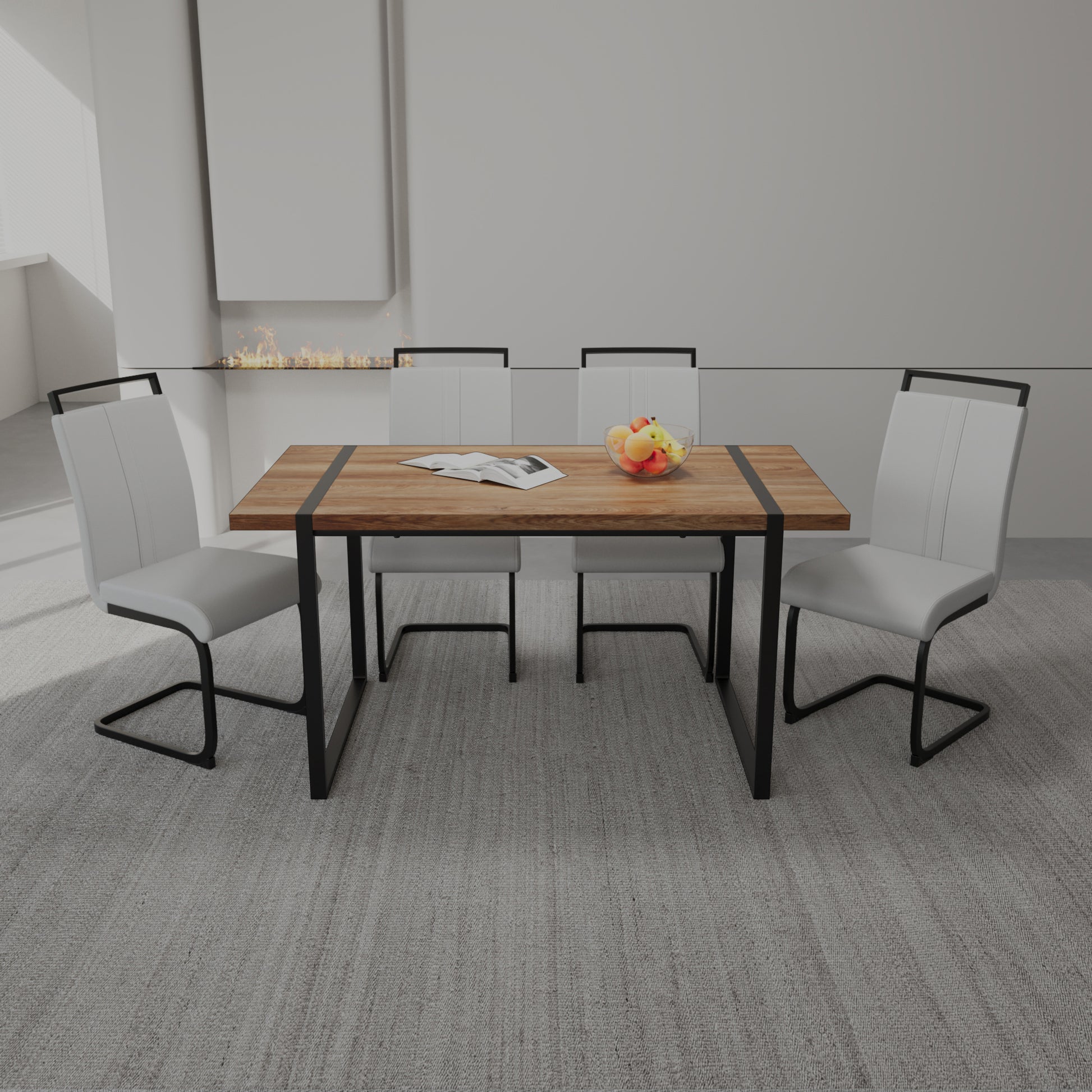 59 "Rural Industrial Rectangular Mdf Wood Color Dining Table Set And Pu Armless Dining Chair Set 4. Kitchen Black Metal Table Leg Dining Chair Set Wood Mdf