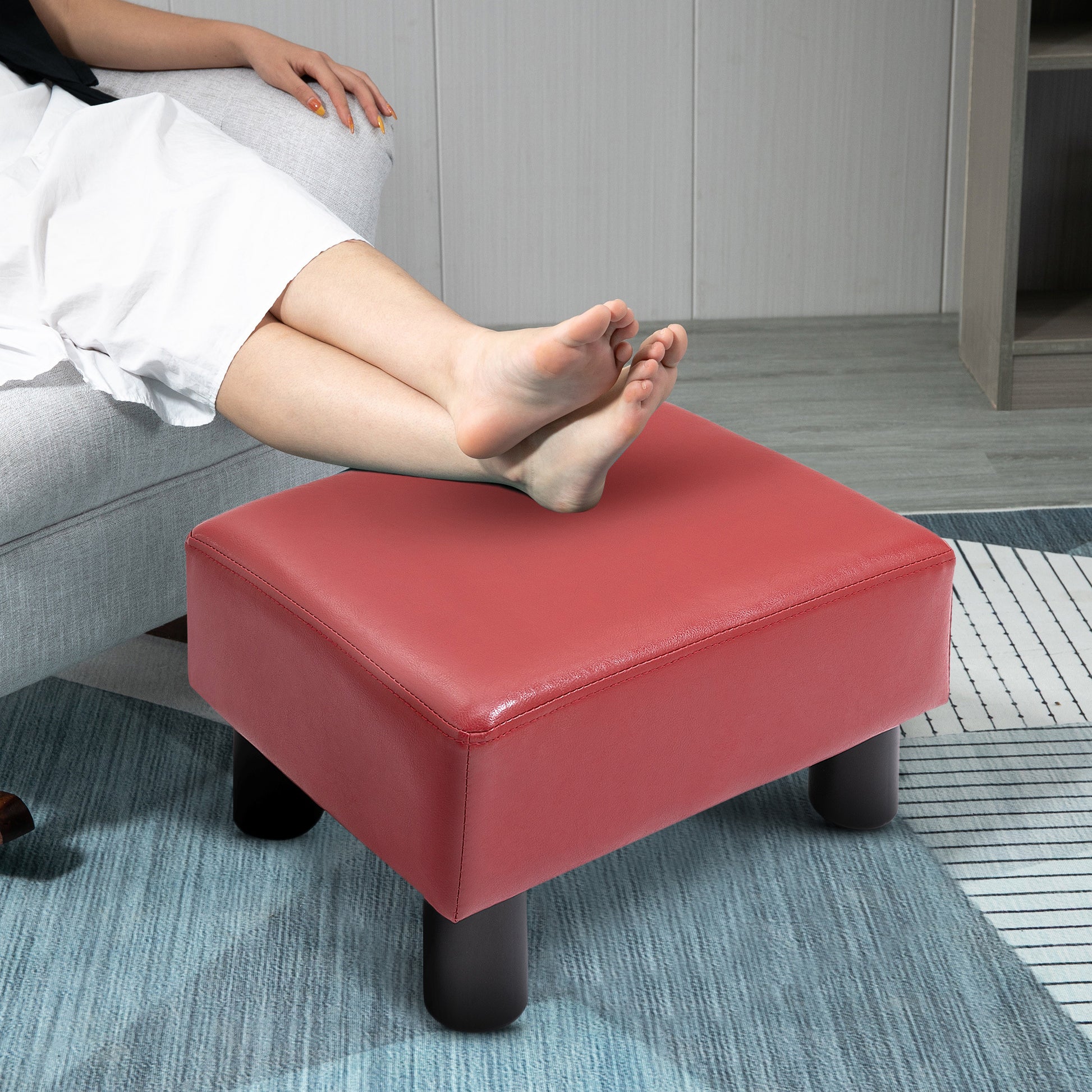 Homcom Ottoman Foot Rest, Small Foot Stool With Faux Leather Upholstery, Rectangular Ottoman Footrest With Padded Foam Seat And Plastic Legs, Red Red Plastic