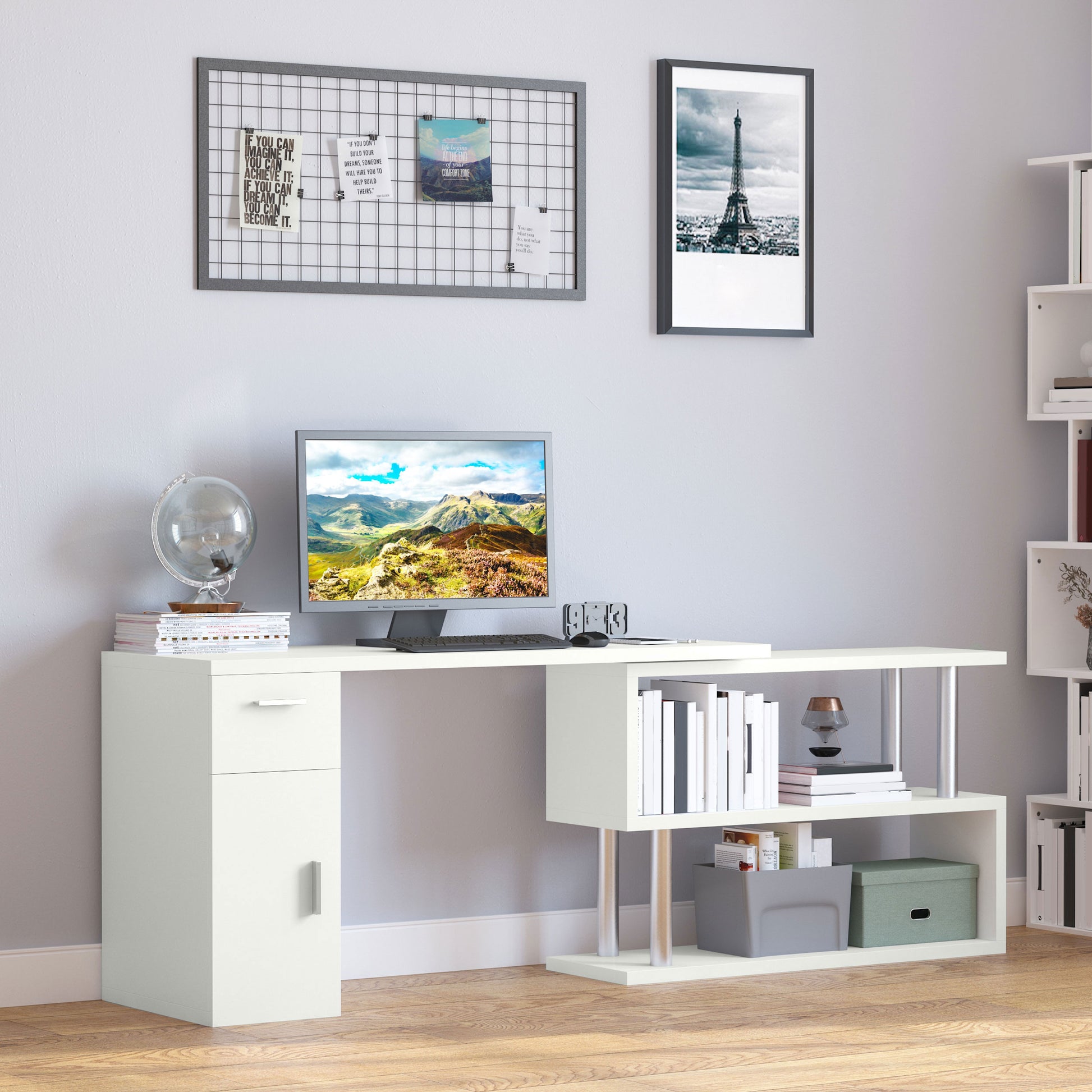 Homcom Rotating Computer Desk, 55" L Shaped Desk, Corner Desk With Storage Shelves, Cabinet And Drawer For Home Office, White White Mdf