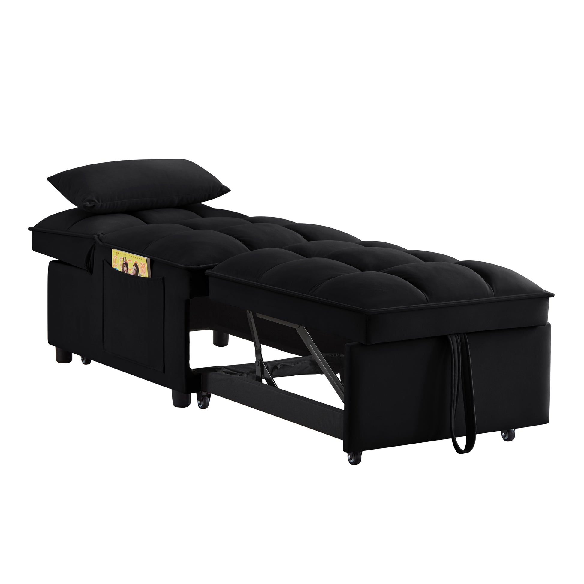 4 In1 Multi Function Single Sofa Bed With Storage Pockets,Tufted Single Pull Out Sofa Bed With Adjustable Backrest And Pillows ,Convertible Chaise Lounge,Black Black Velvet Metal Primary Living Space Medium Soft American Design Armless Foam Velvet 1 Seat